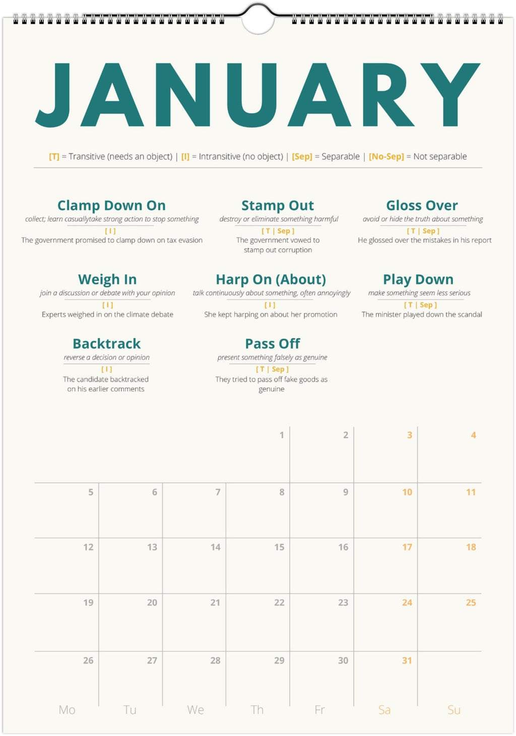 English Advanced Phrasal Verb Calendar 2027 – Language Learning, A3 Wall Calendar
