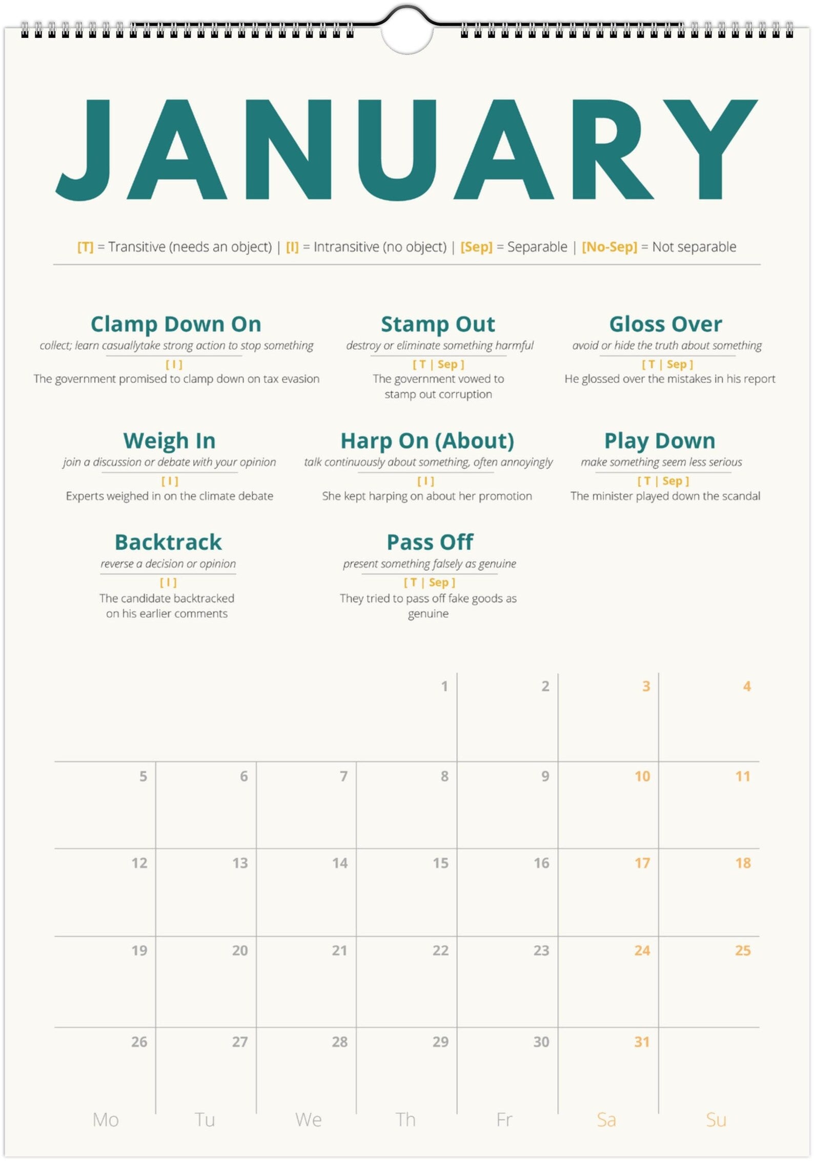 English Advanced Phrasal Verb Calendar 2027 – Language Learning, A3 Wall Calendar