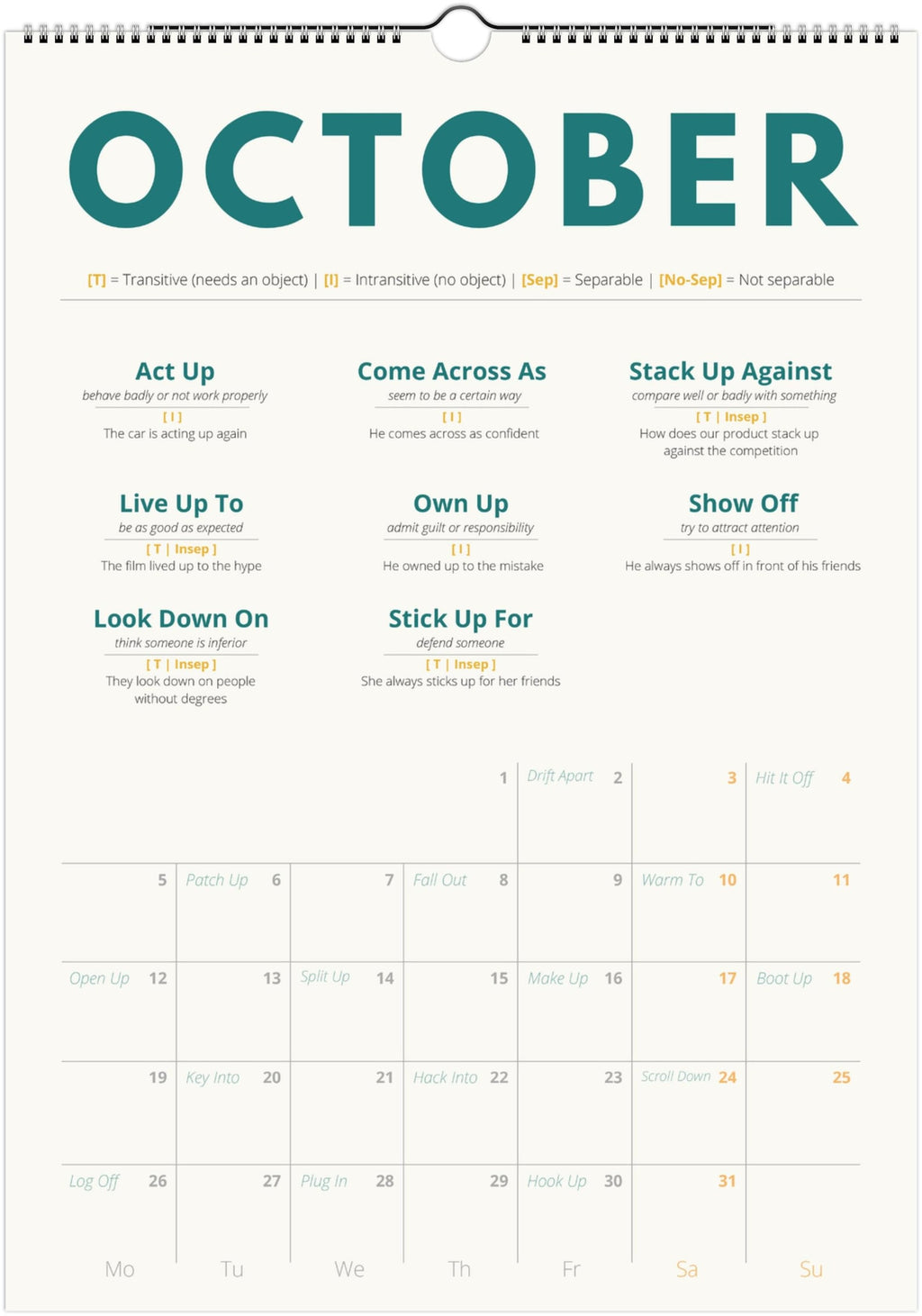 English Advanced Phrasal Verb Calendar 2027 – Language Learning, A3 Wall Calendar