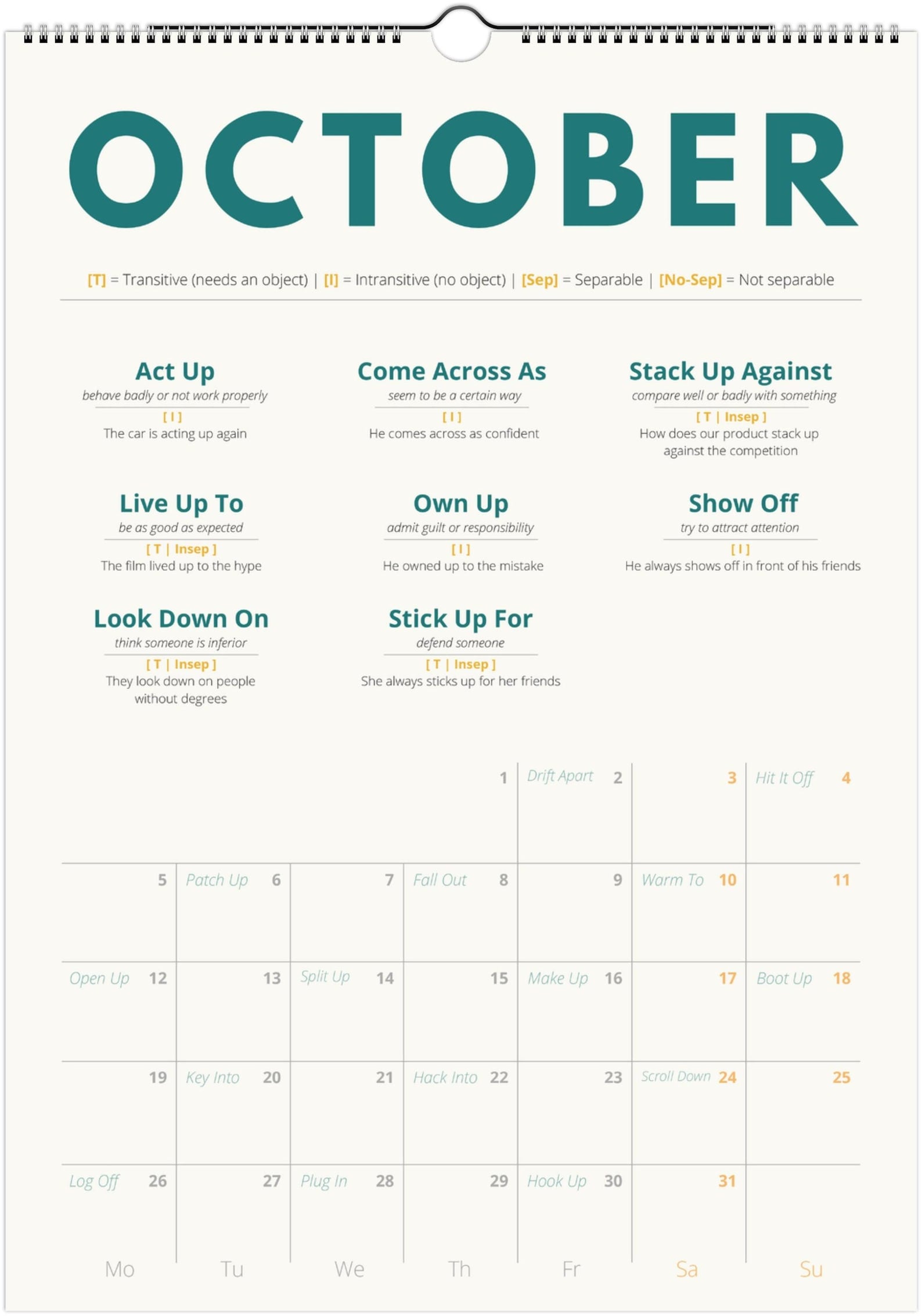 English Advanced Phrasal Verb Calendar 2027 – Language Learning, A3 Wall Calendar