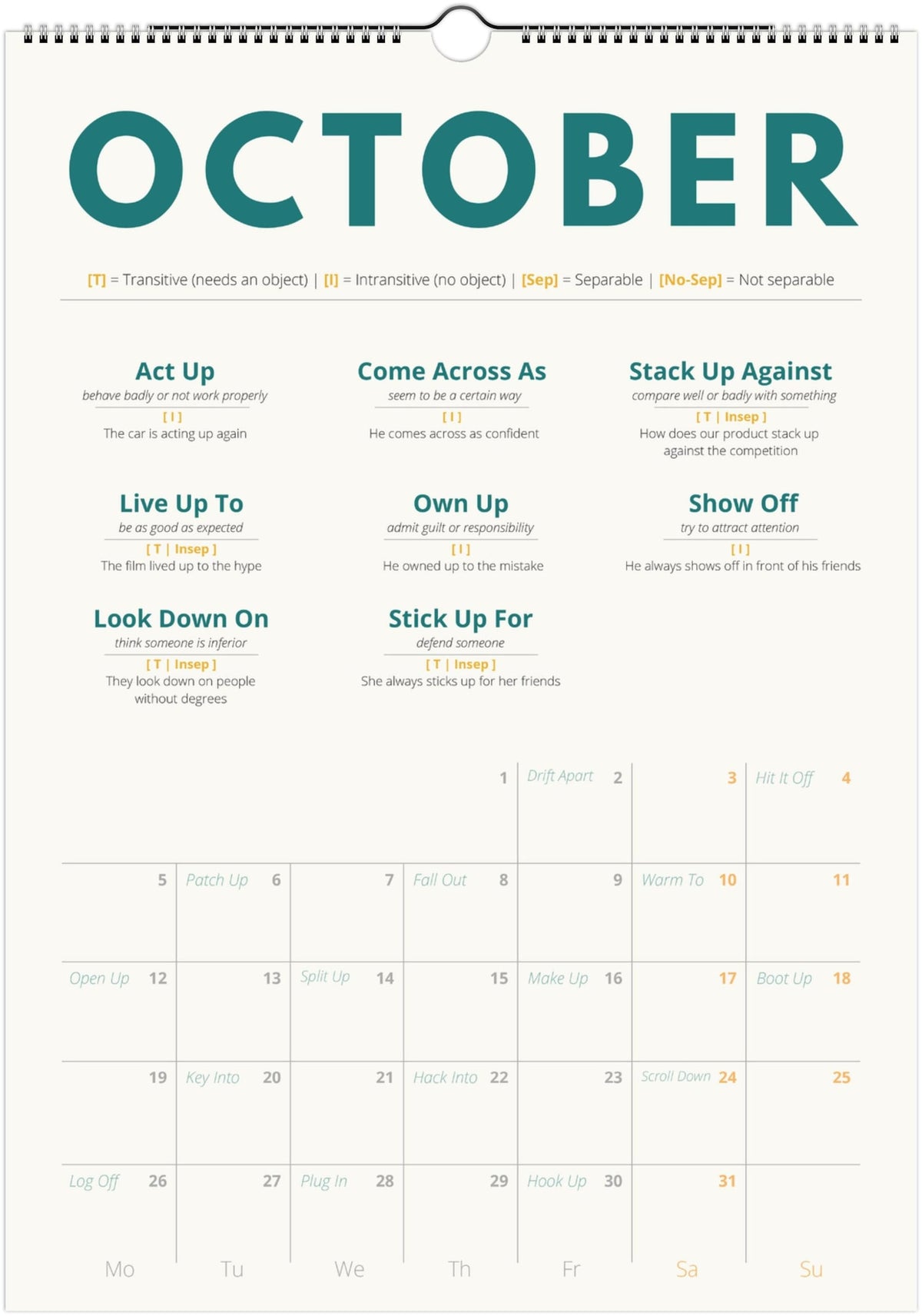 English Advanced Phrasal Verb Calendar 2027 – Language Learning, A3 Wall Calendar