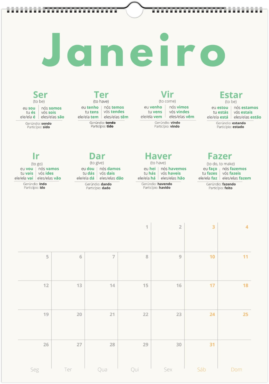 Portuguese Verb Calendar 2027 – Language Learning, A3 Wall Calendar