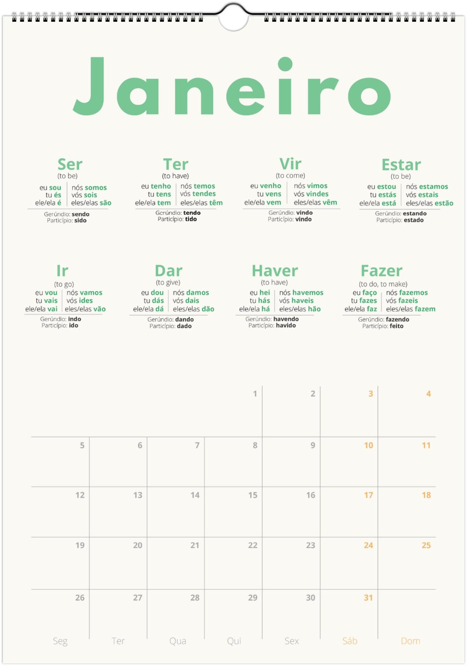 Portuguese Verb Calendar 2027 – Language Learning, A3 Wall Calendar