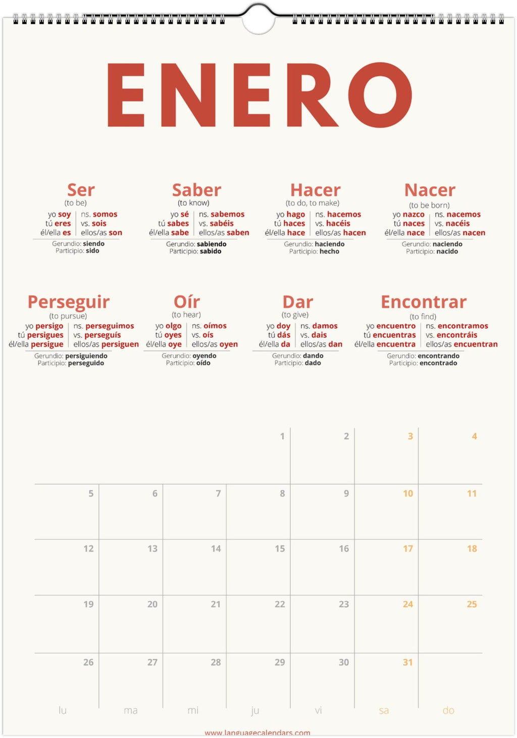 Spanish Verb Calendar 2027 – Language Learning, A3 Wall Calendar