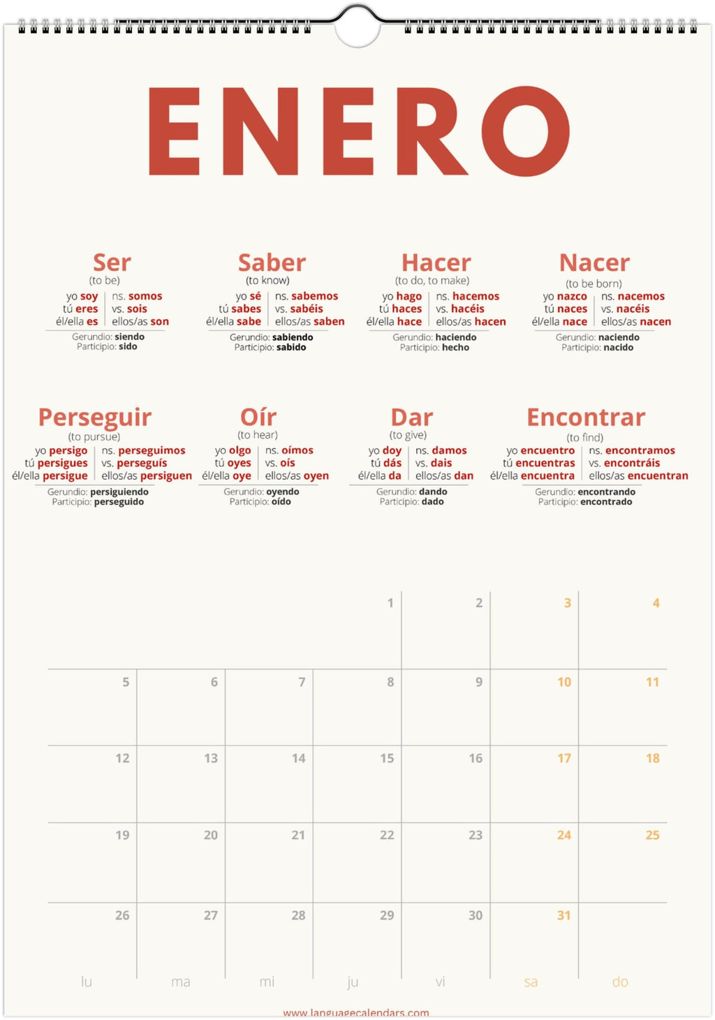 Spanish Verb Calendar 2027 – Language Learning, A3 Wall Calendar