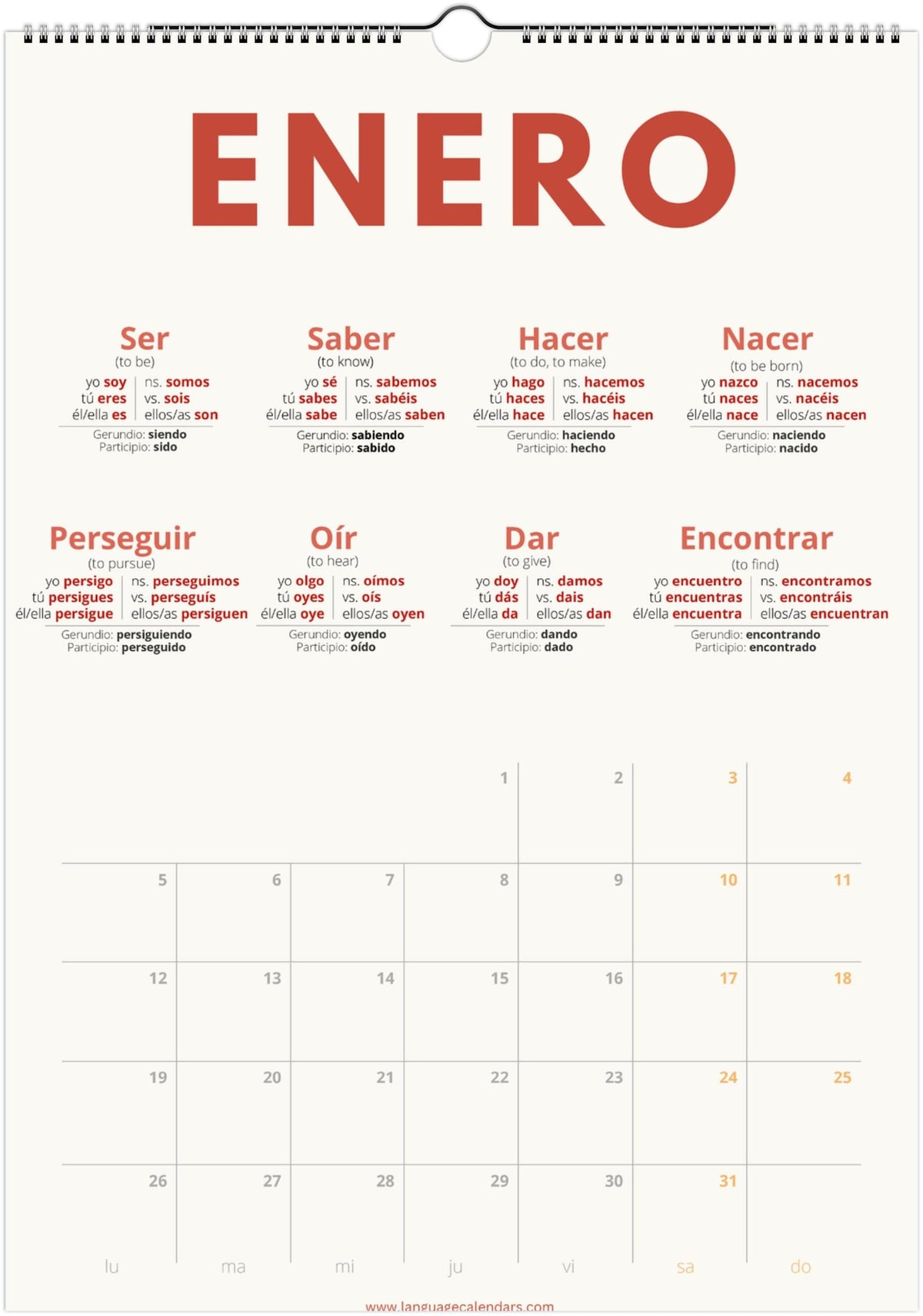 Spanish Verb Calendar 2027 – Language Learning, A3 Wall Calendar