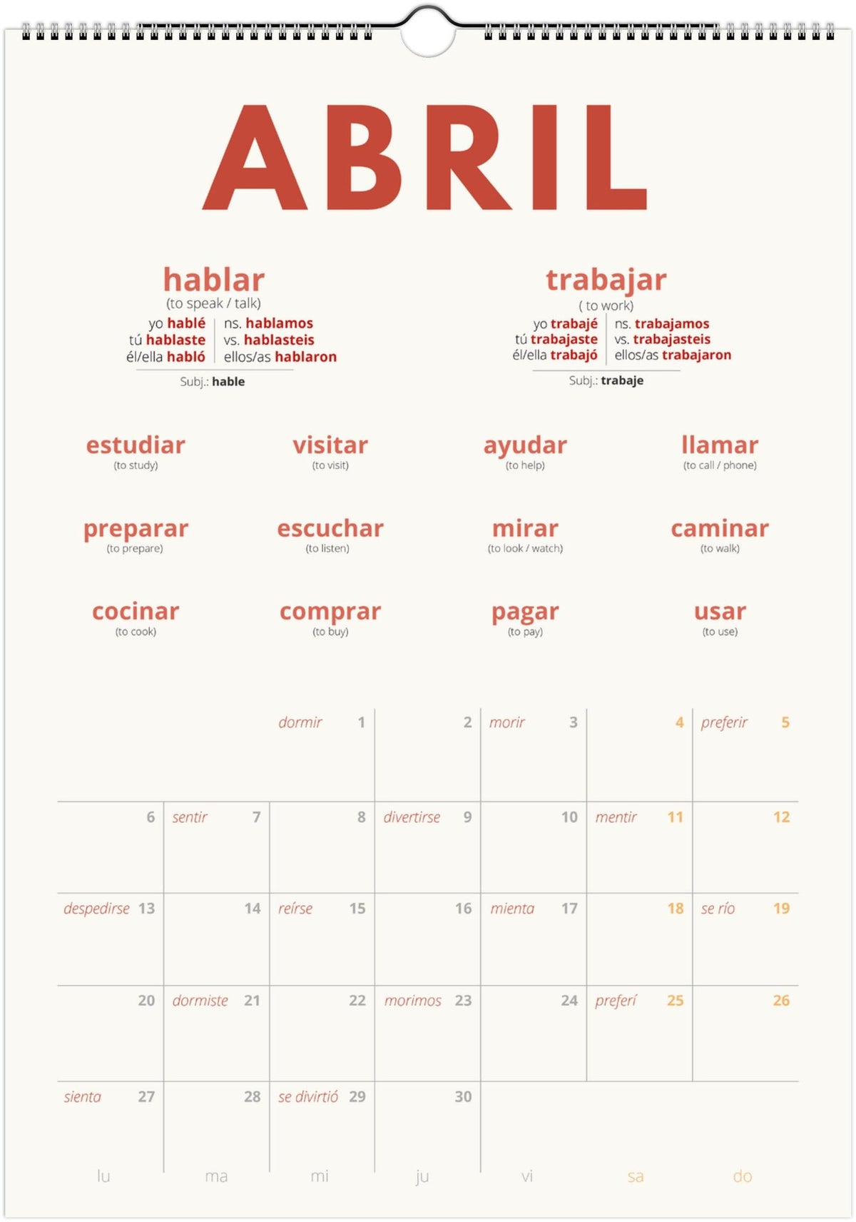 Spanish Preterite Verb Calendar 2027 – Language Learning, A3 Wall Calendar