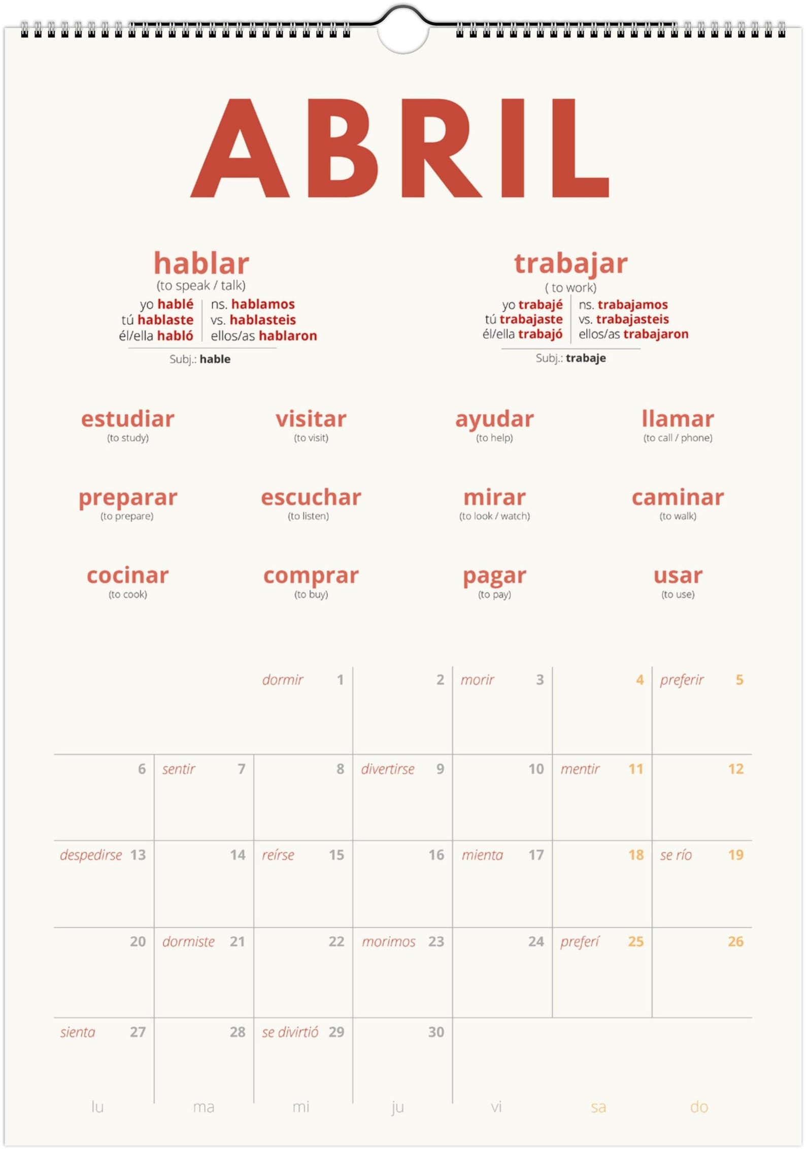 Spanish Preterite Verb Calendar 2027 – Language Learning, A3 Wall Calendar
