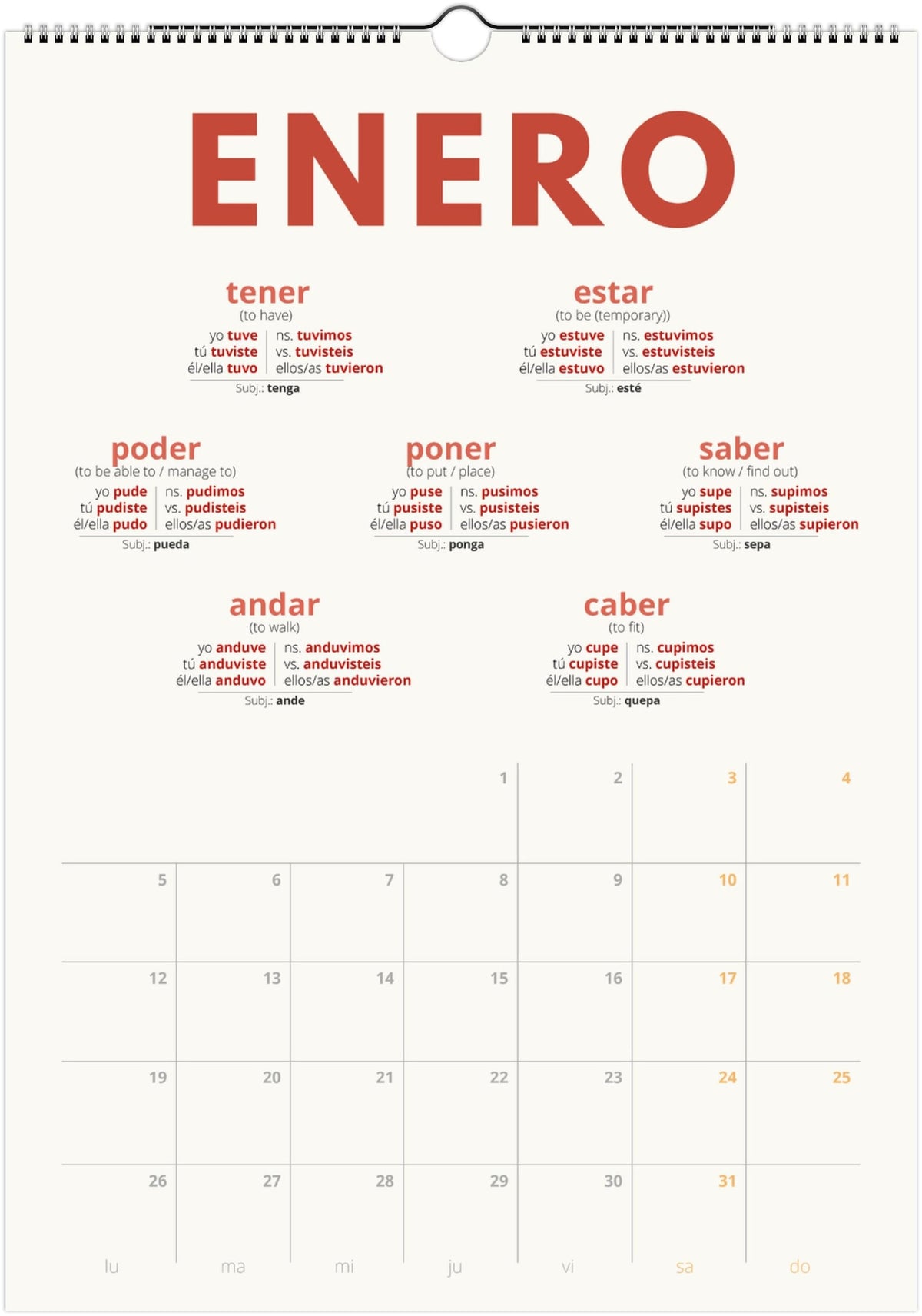 Spanish Preterite Verb Calendar 2027 – Language Learning, A3 Wall Calendar