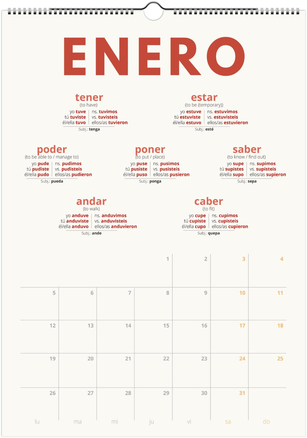 Spanish Preterite Verb Calendar 2027 – Language Learning, A3 Wall Calendar