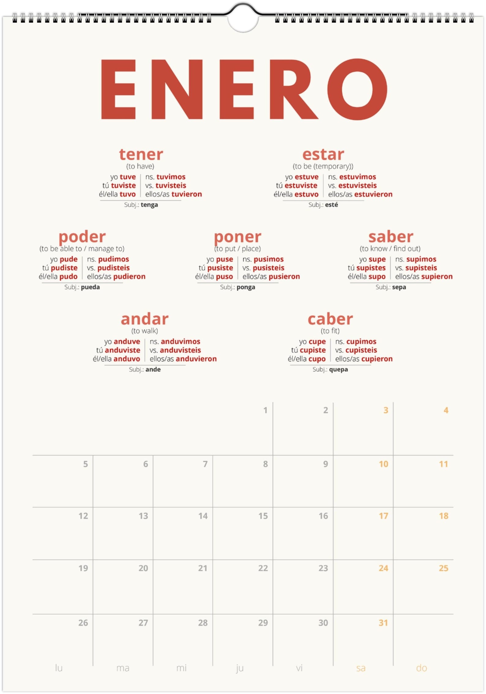 Spanish Preterite Verb Calendar 2027 – Language Learning, A3 Wall Calendar