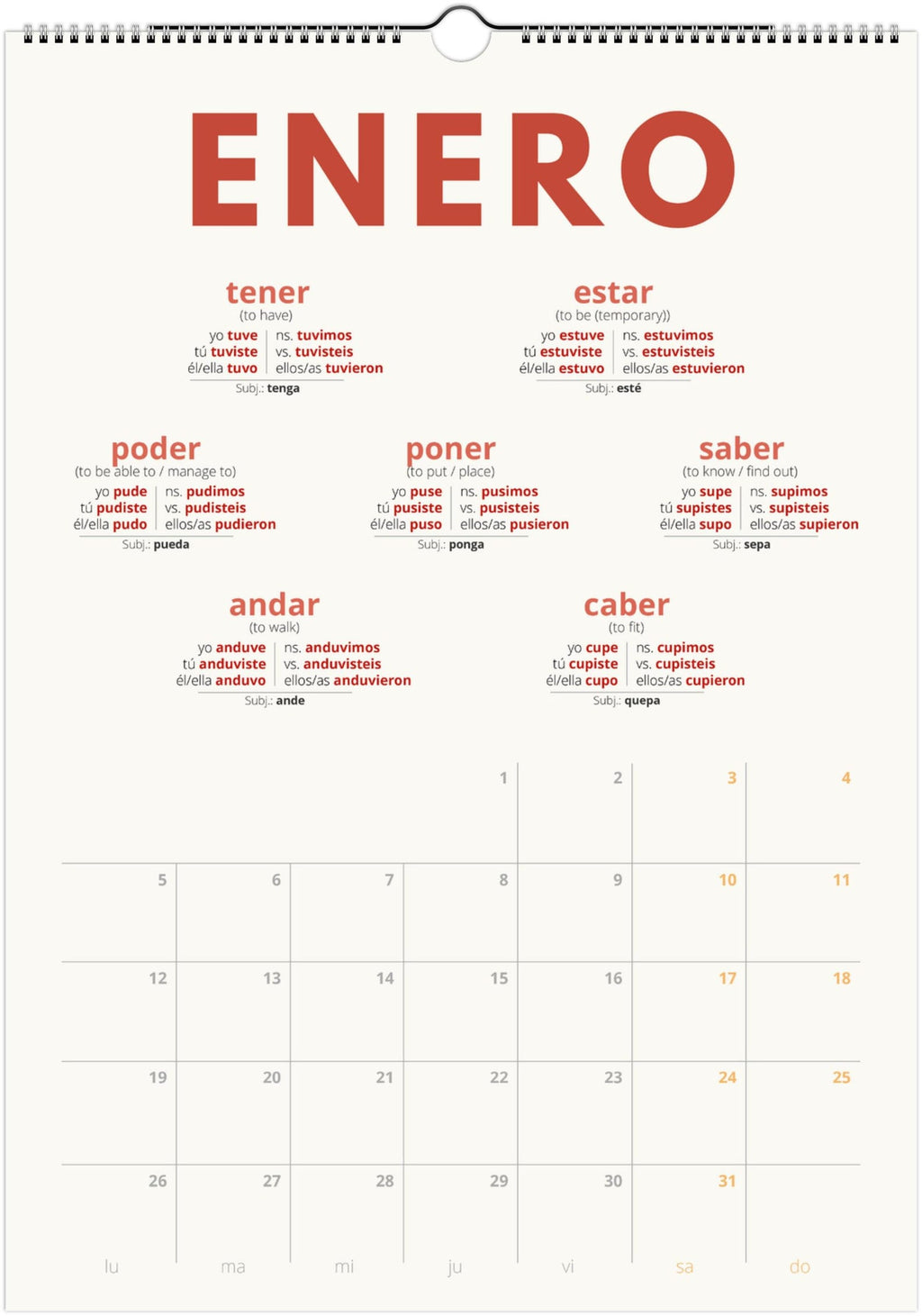 Spanish Preterite Verb Calendar 2027 – Language Learning, A3 Wall Calendar