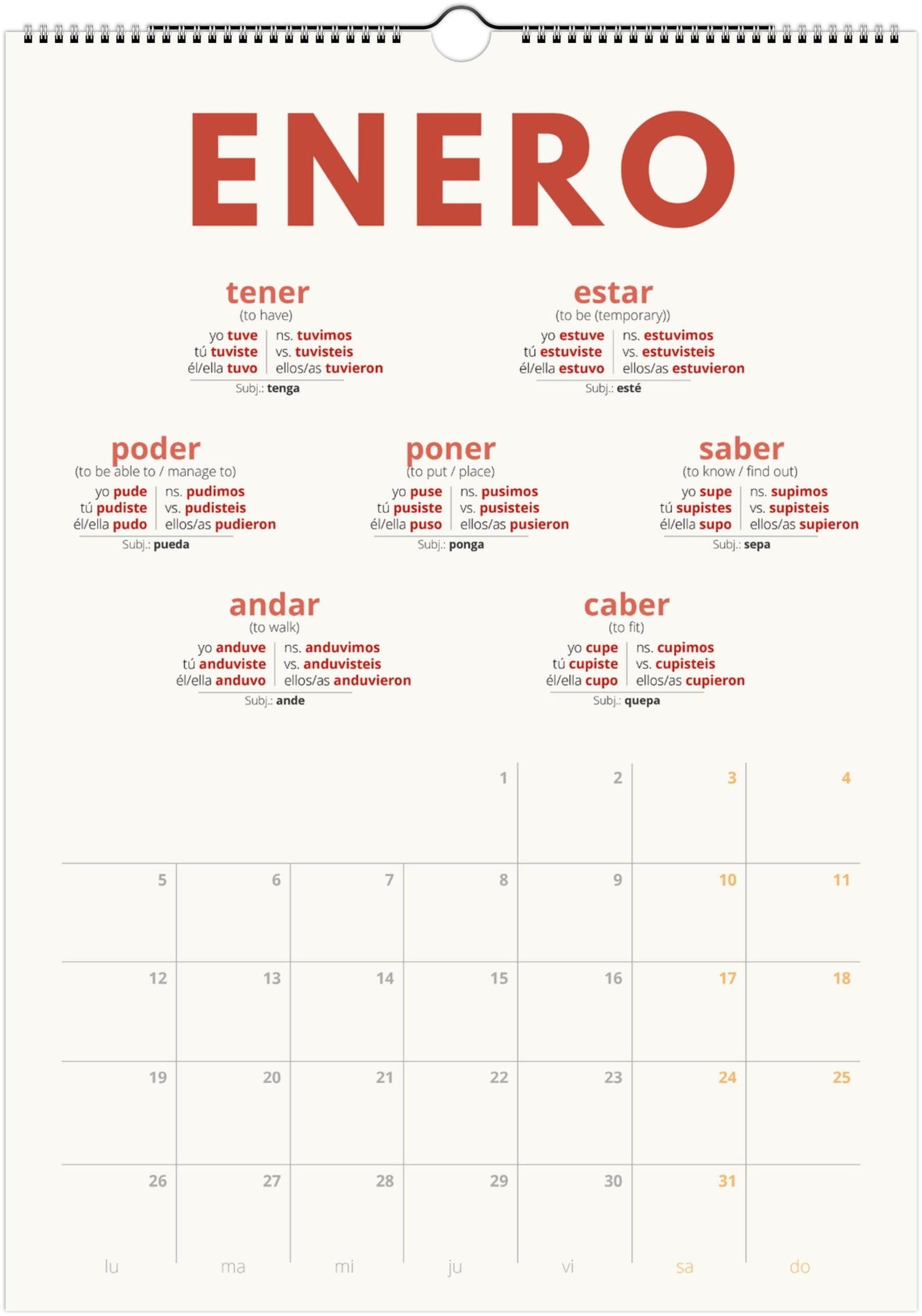 Spanish Preterite Verb Calendar 2027 – Language Learning, A3 Wall Calendar