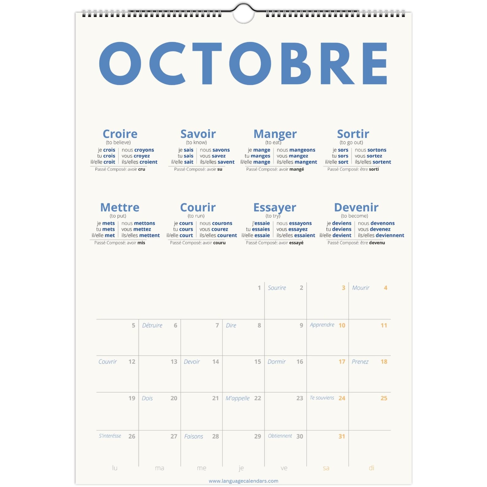 French Verb Calendar 2027 – Language Learning, A3 Wall Calendar