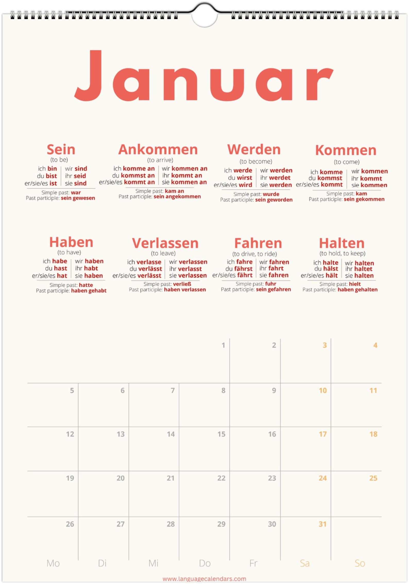 German Verb Calendar 2027 – Language Learning, A3 Wall Calendar