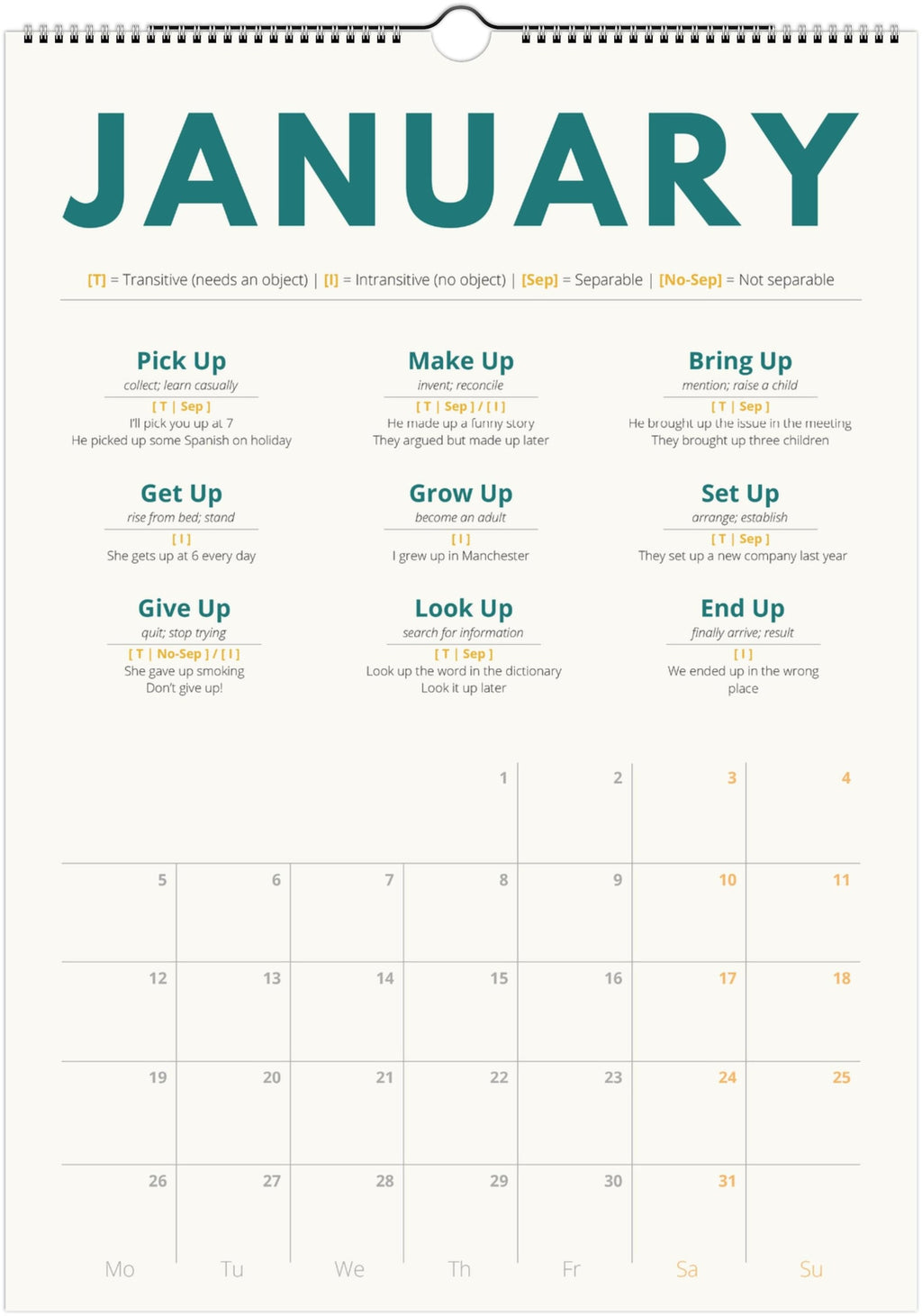 English Phrasal Verb Calendar 2027 – Language Learning, A3 Wall Calendar