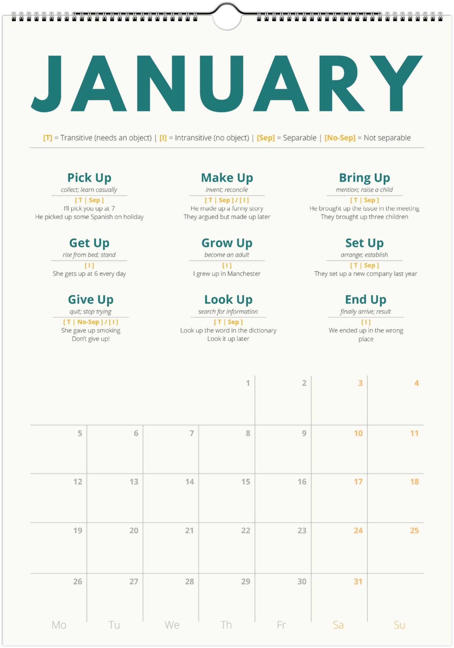 English Phrasal Verb Calendar 2027 – Language Learning, A3 Wall Calendar