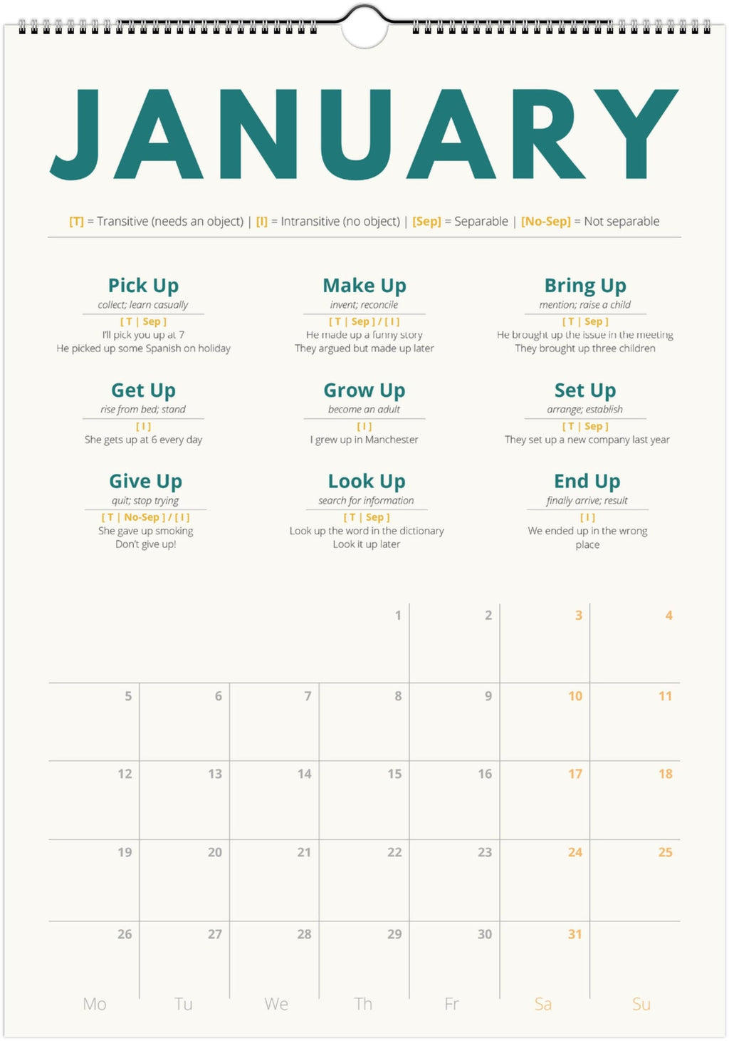 English Phrasal Verb Calendar 2027 – Language Learning, A3 Wall Calendar