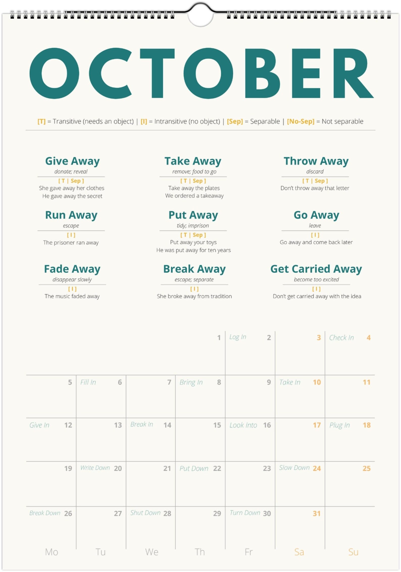 English Phrasal Verb Calendar 2027 – Language Learning, A3 Wall Calendar