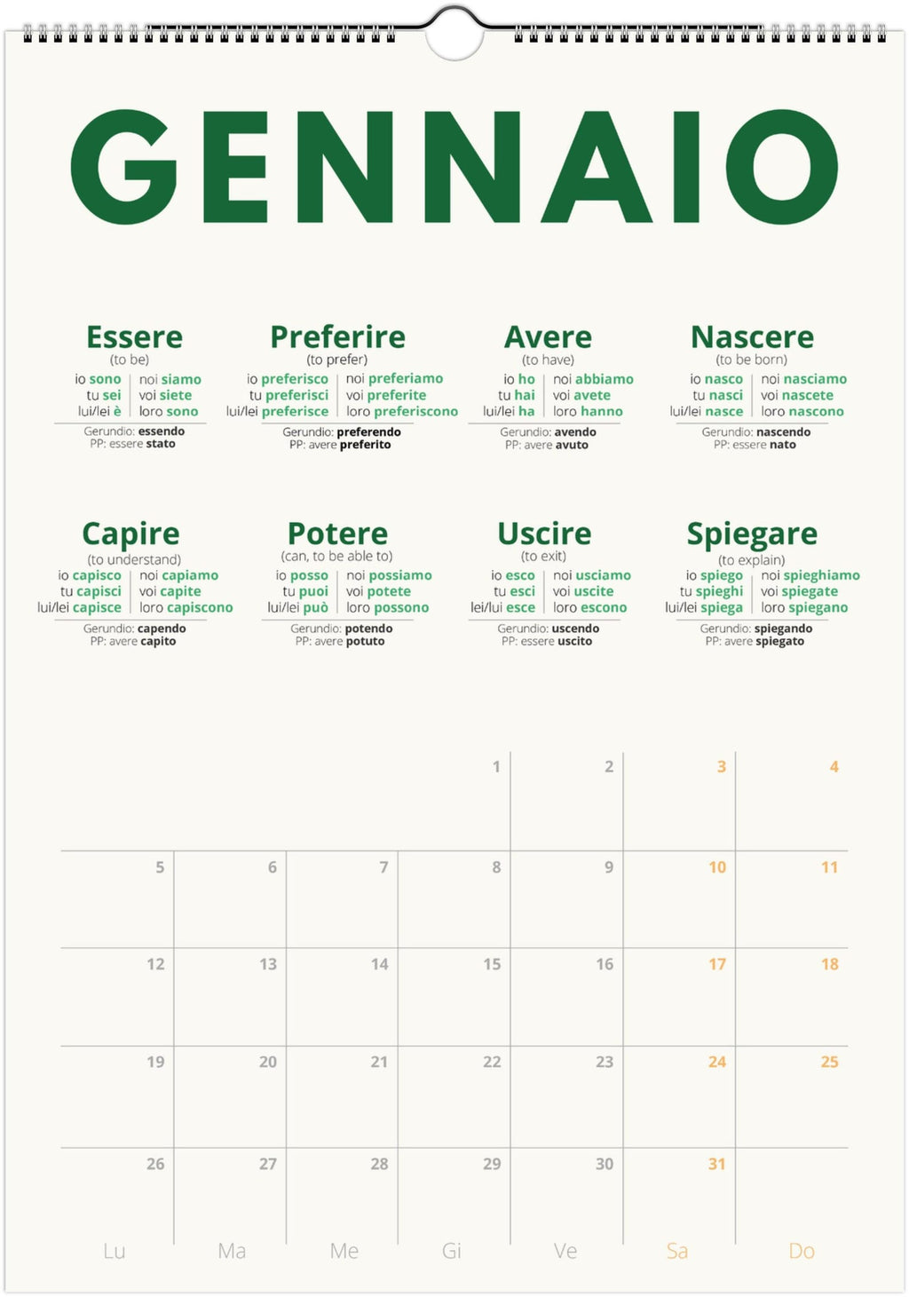 Italian Verb Calendar 2027 – Language Learning, A3 Wall Calendar