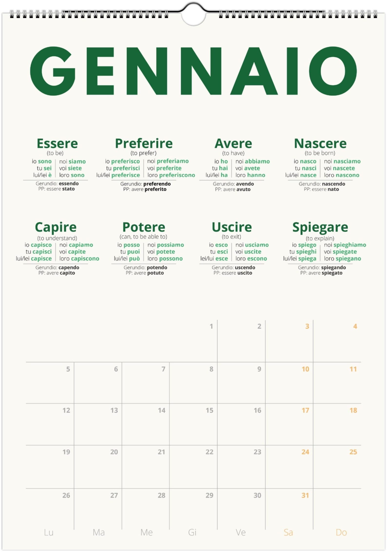 Italian Verb Calendar 2027 – Language Learning, A3 Wall Calendar