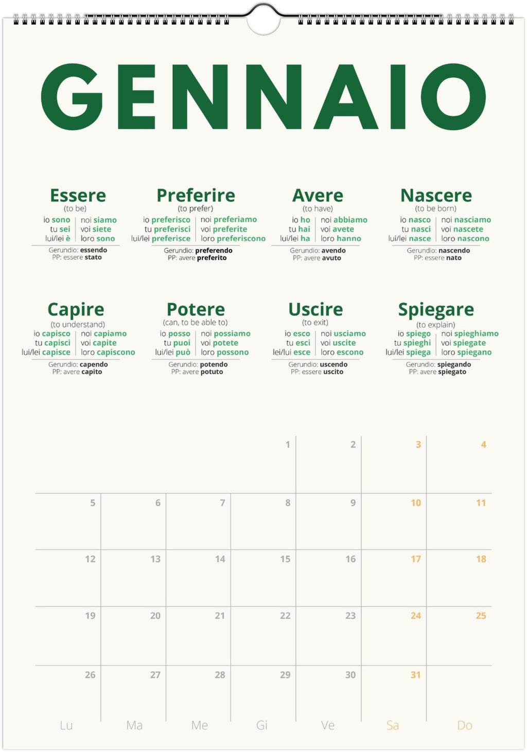 Italian Verb Calendar 2027 – Language Learning, A3 Wall Calendar