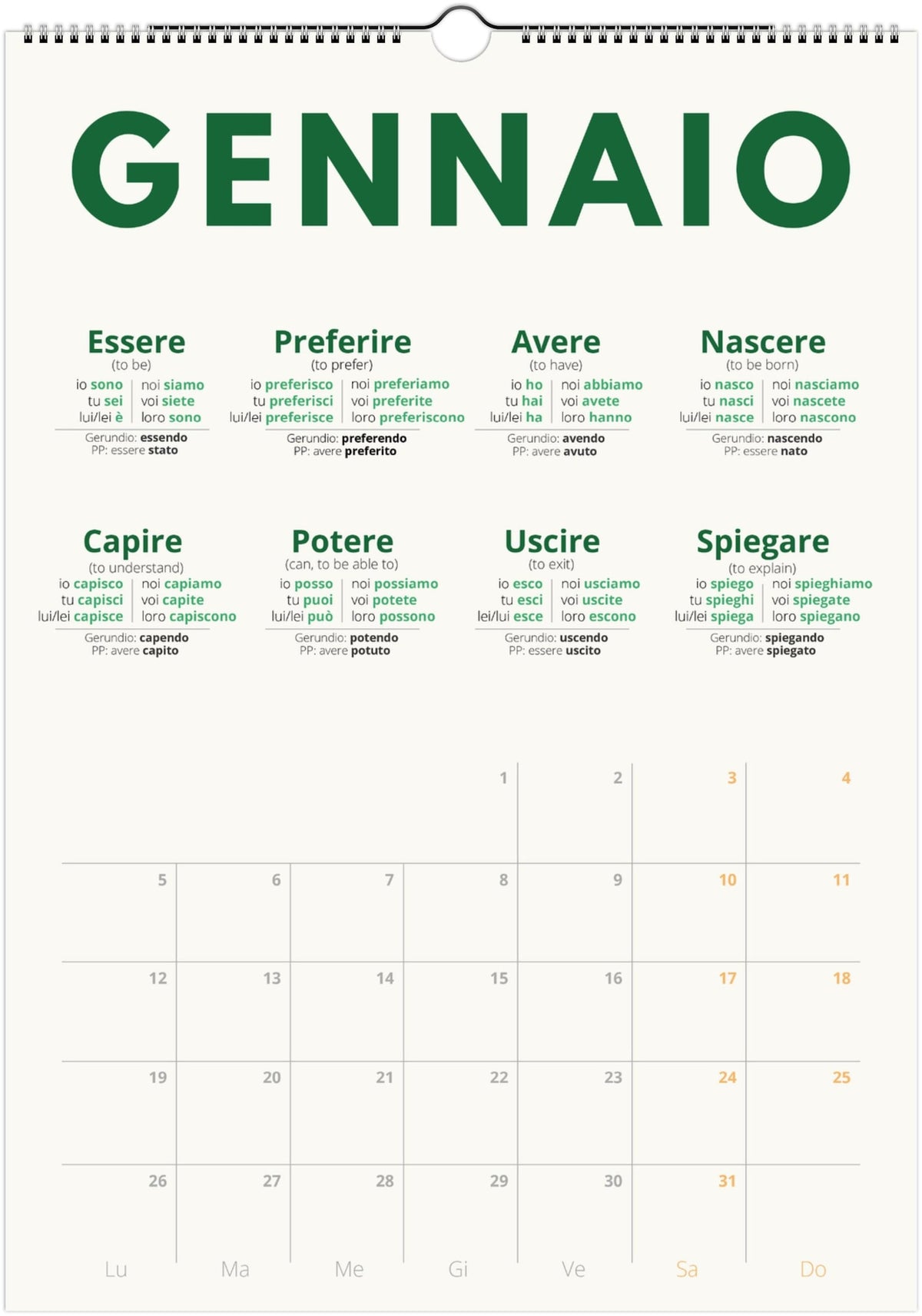 Italian Verb Calendar 2027 – Language Learning, A3 Wall Calendar