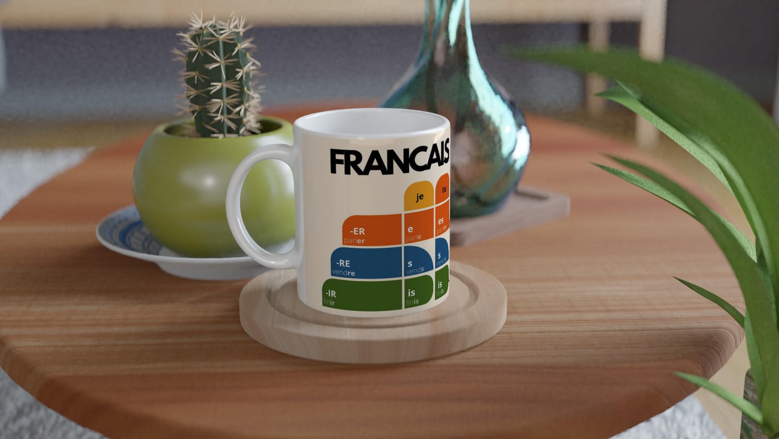 French Verb Conjugation Mug – Present Tense Chart – ER IR RE Verbs – Learn French Grammar – Language Learning Gift – Stylish Minimalist Mug