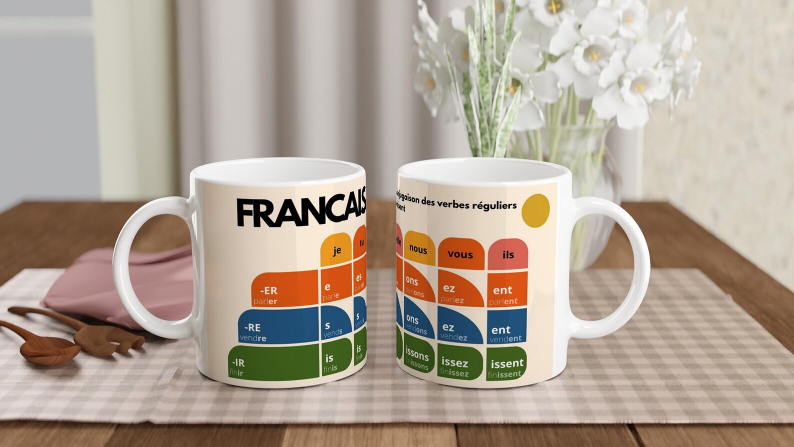 French Verb Conjugation Mug – Present Tense Chart – ER IR RE Verbs – Learn French Grammar – Language Learning Gift – Stylish Minimalist Mug