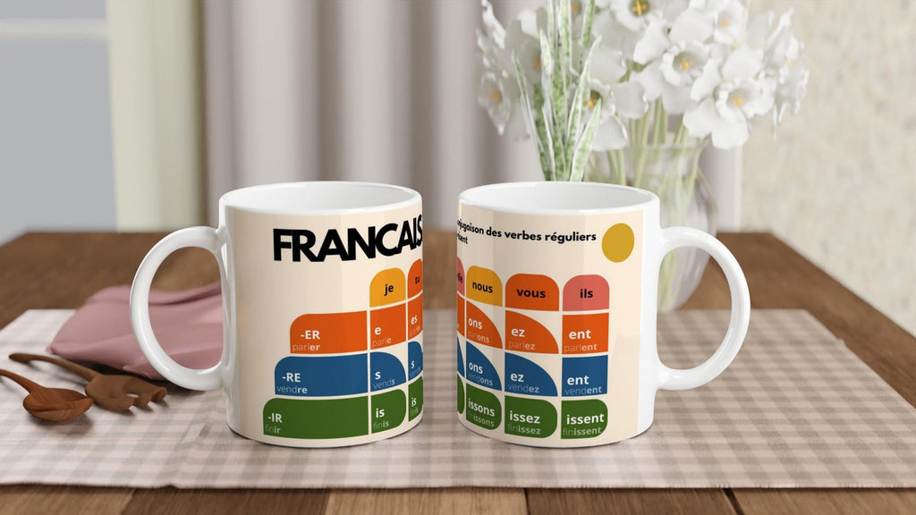 French Verb Conjugation Mug – Present Tense Chart – ER IR RE Verbs – Learn French Grammar – Language Learning Gift – Stylish Minimalist Mug