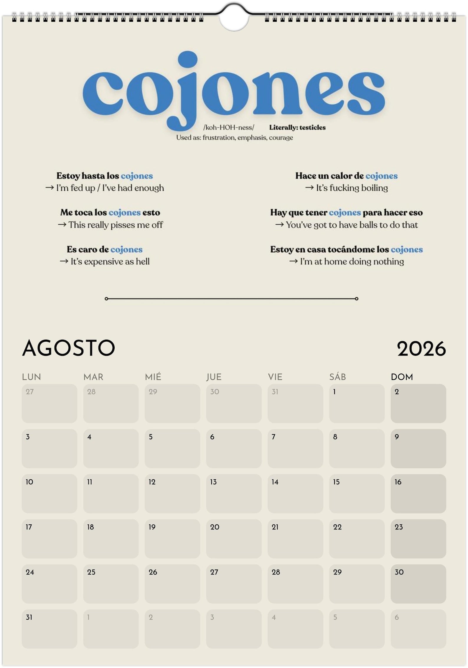 Spanish Swear Words Calendar 2027 | Funny Spanish Gift | Learn Real Spanish Slang | A3 Wall Calendar | Joder Coño Cojones