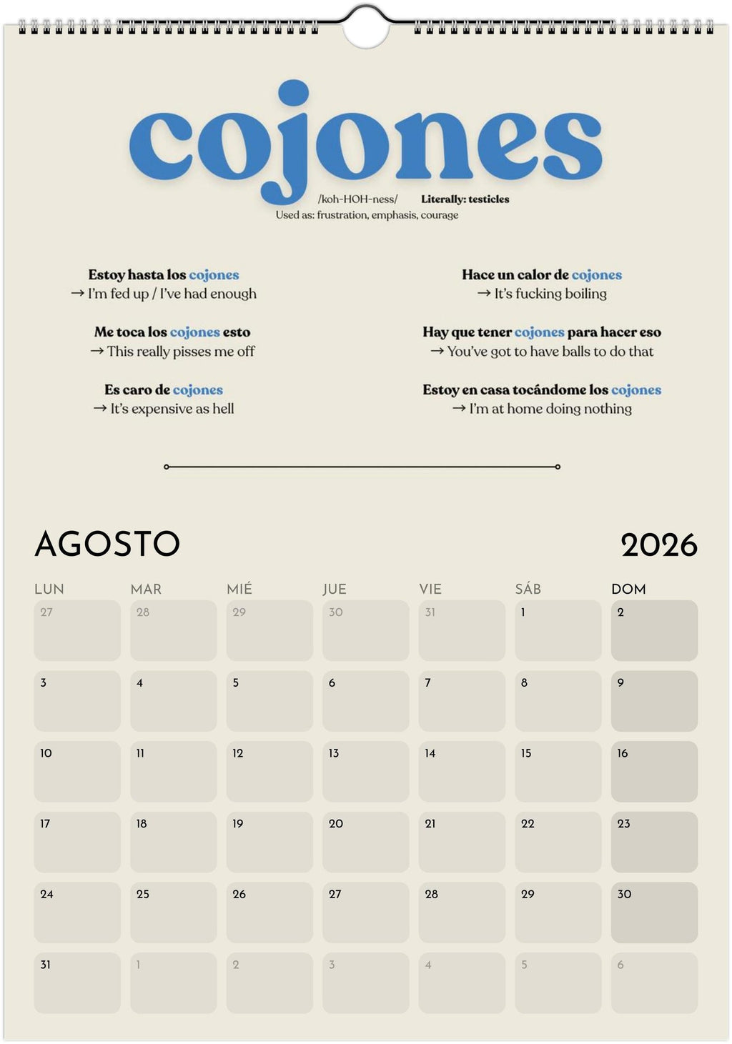 Spanish Swear Words Calendar 2027 | Funny Spanish Gift | Learn Real Spanish Slang | A3 Wall Calendar | Joder Coño Cojones
