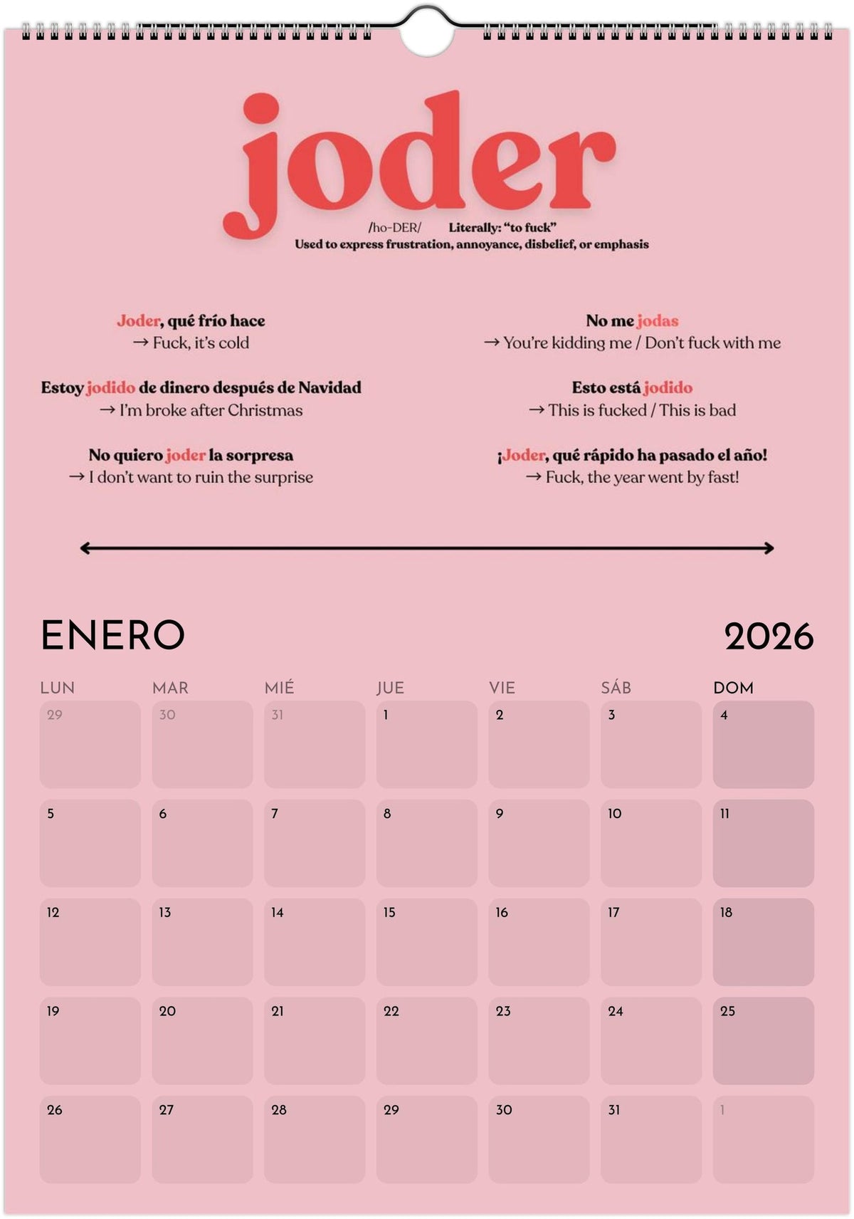 Spanish Swear Words Calendar 2027 | Funny Spanish Gift | Learn Real Spanish Slang | A3 Wall Calendar | Joder Coño Cojones