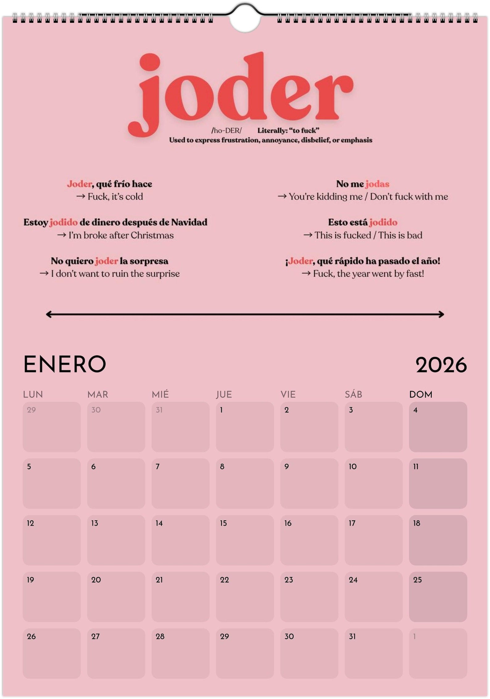 Spanish Swear Words Calendar 2027 | Funny Spanish Gift | Learn Real Spanish Slang | A3 Wall Calendar | Joder Coño Cojones