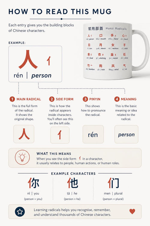 Chinese Radicals II Mug | Intermediate Mandarin Radicals | Learn Mandarin Characters | Language Learning Gift | Hanzi Educational Mug