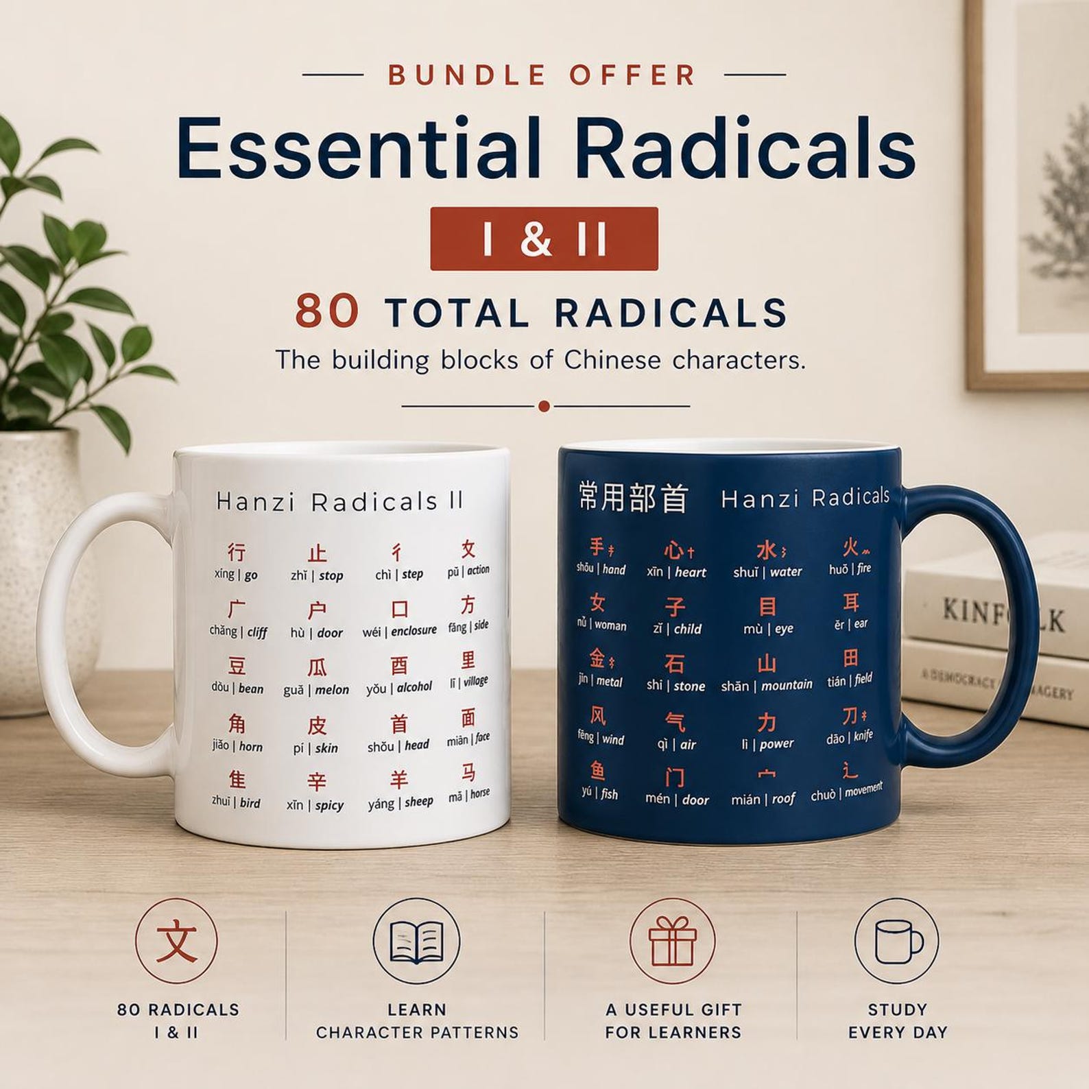 2 Mugs: Chinese Radicals Set | Mandarin Radicals I & II | 80 Essential Mandarin Radicals | Learn Chinese Characters | Educational Mug Gift