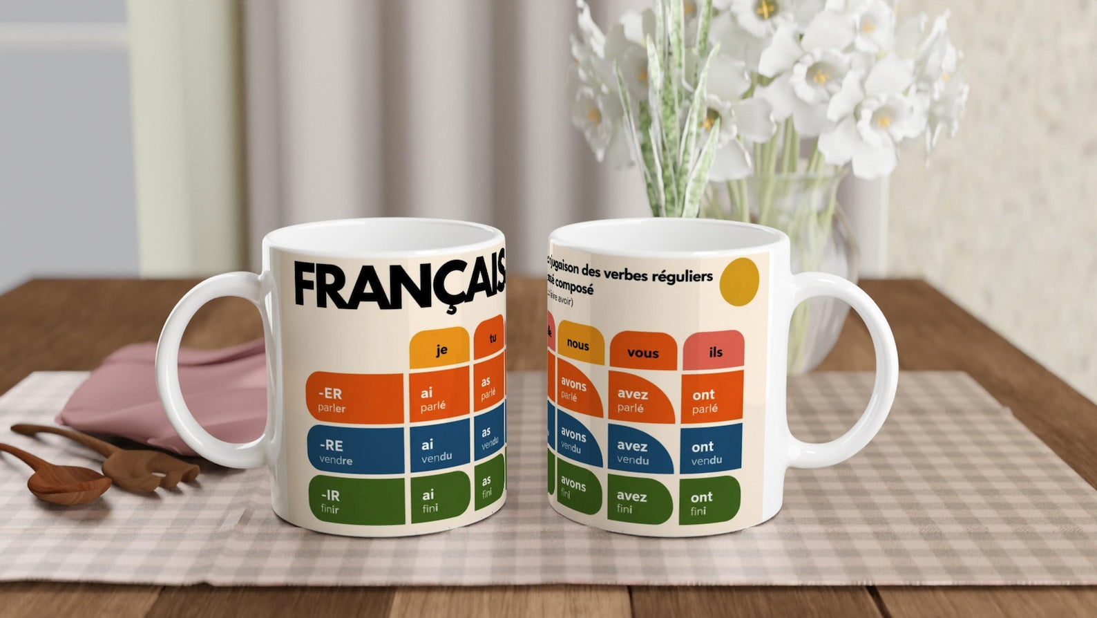 French Verb Conjugation Mug – Past Tense Chart – ER IR RE Verbs – Learn French Grammar – Language Learning Gift – Stylish Minimalist Mug