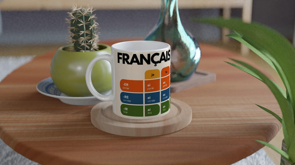 French Verb Conjugation Mug – Past Tense Chart – ER IR RE Verbs – Learn French Grammar – Language Learning Gift – Stylish Minimalist Mug