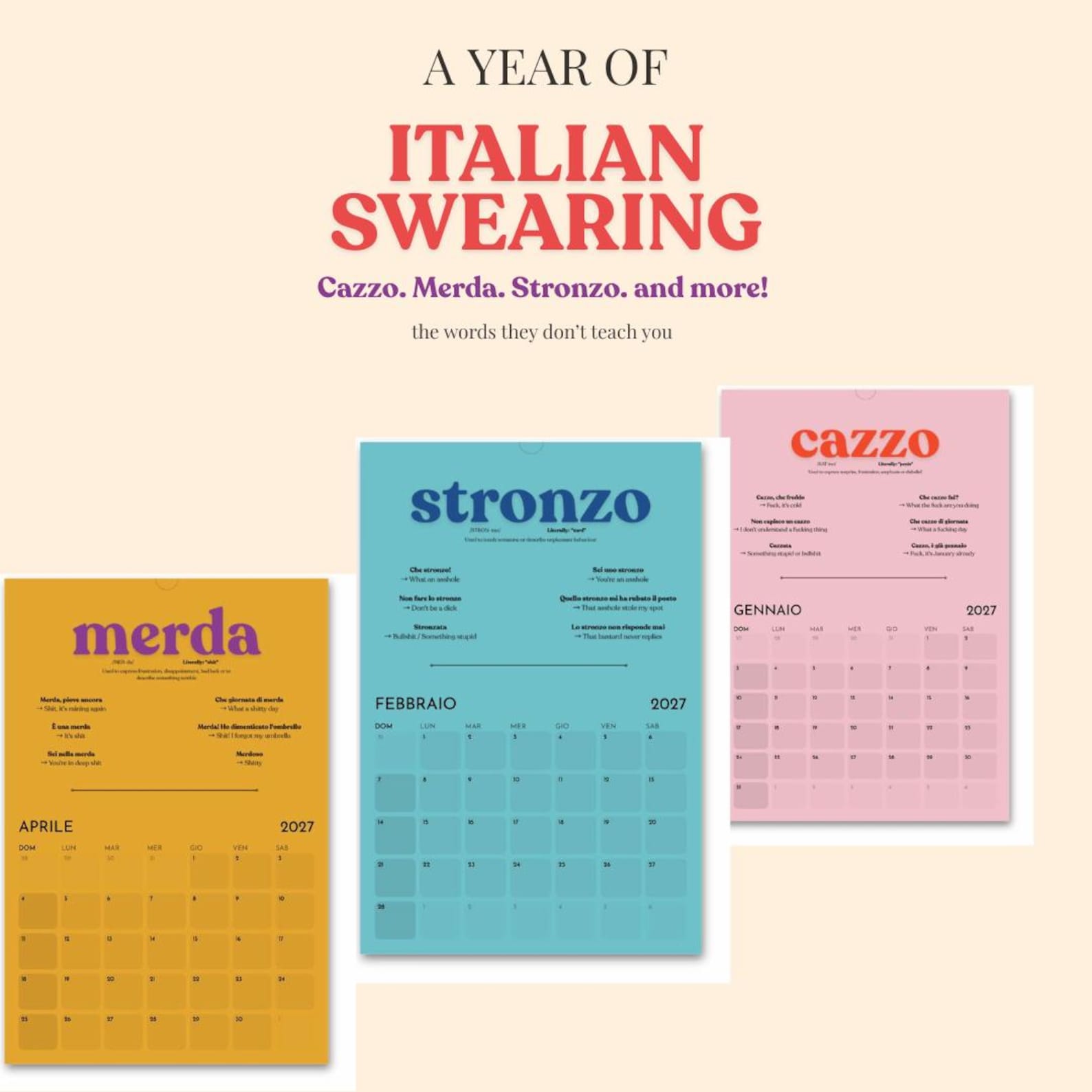 Italian Swearing Calendar 2027 | Learn Italian Slang & Swear Words | Funny Italian Gift | A3 Wall Calendar | Adult Language Learning Gift