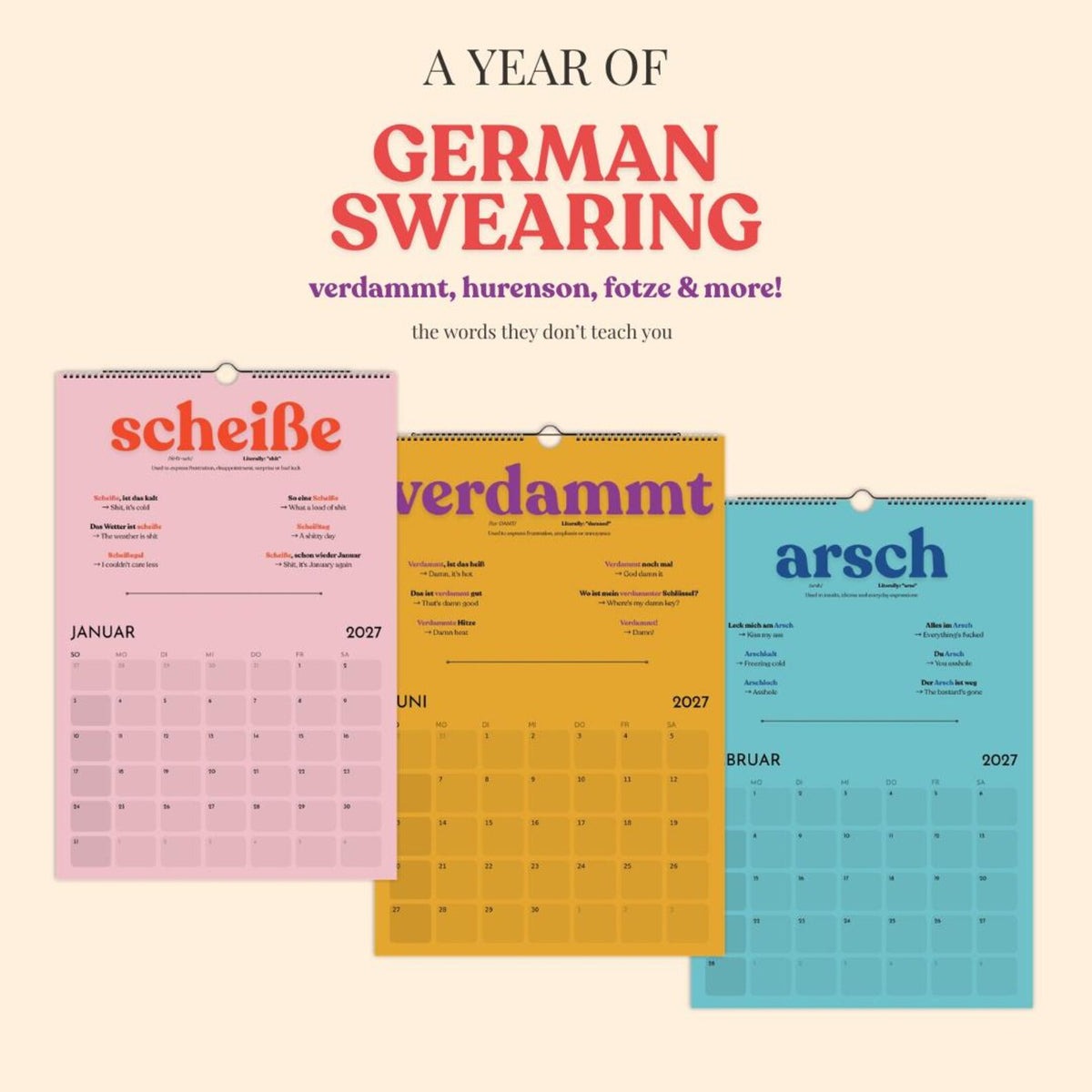 German Swearing Calendar 2027 | Learn German Slang & Swear Words | Funny German Gift | A3 Wall Calendar | Adult Language Learning Gift