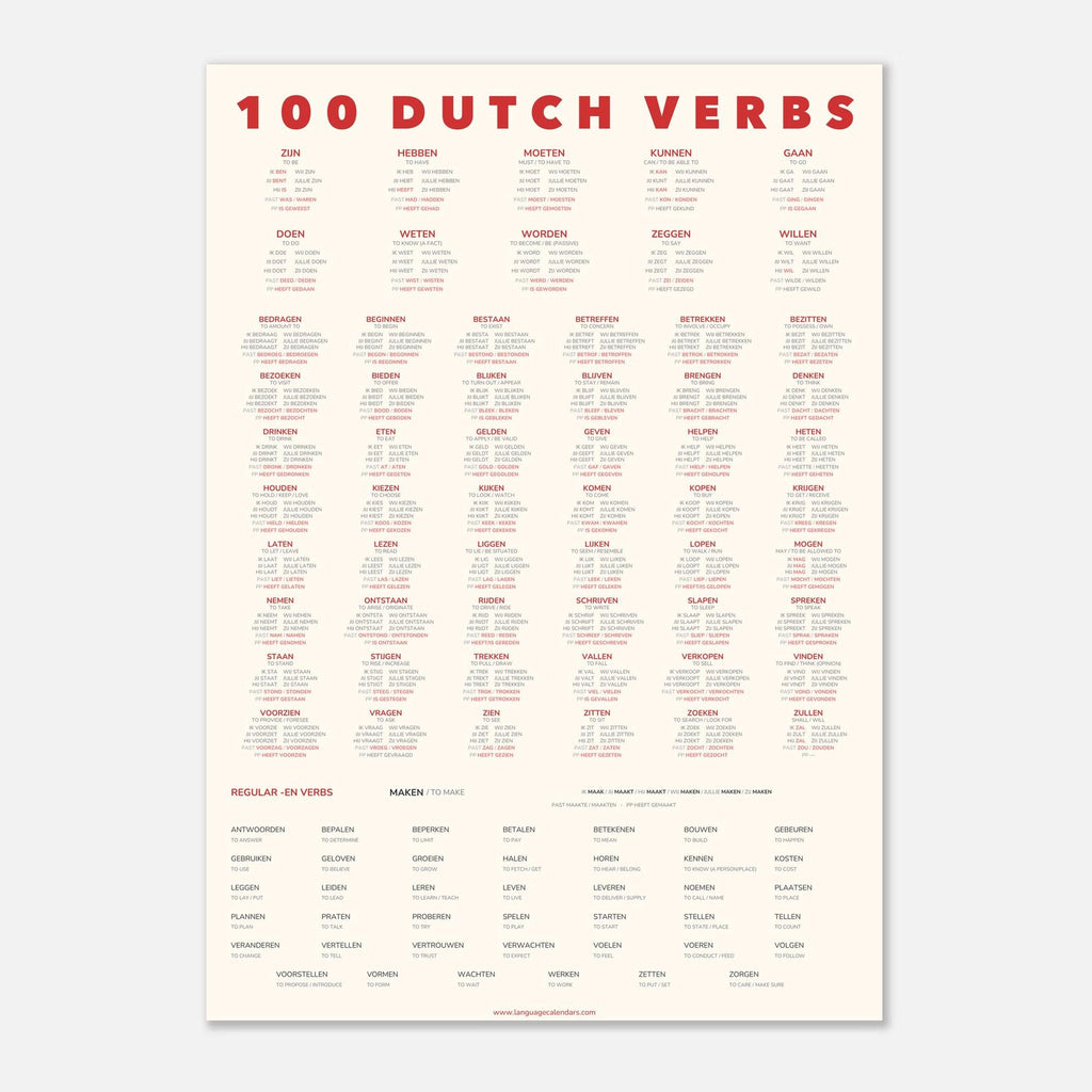 100 Dutch Verbs | A2 Minimalist Language Poster