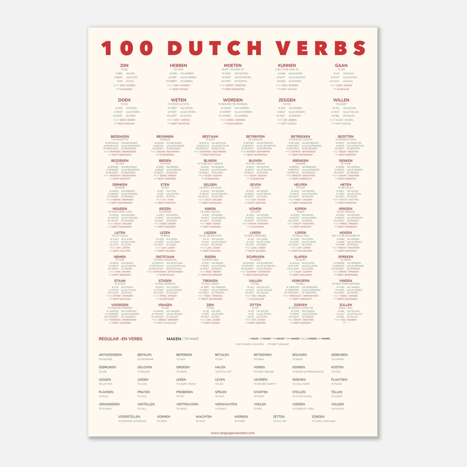 100 Dutch Verbs | A2 Minimalist Language Poster