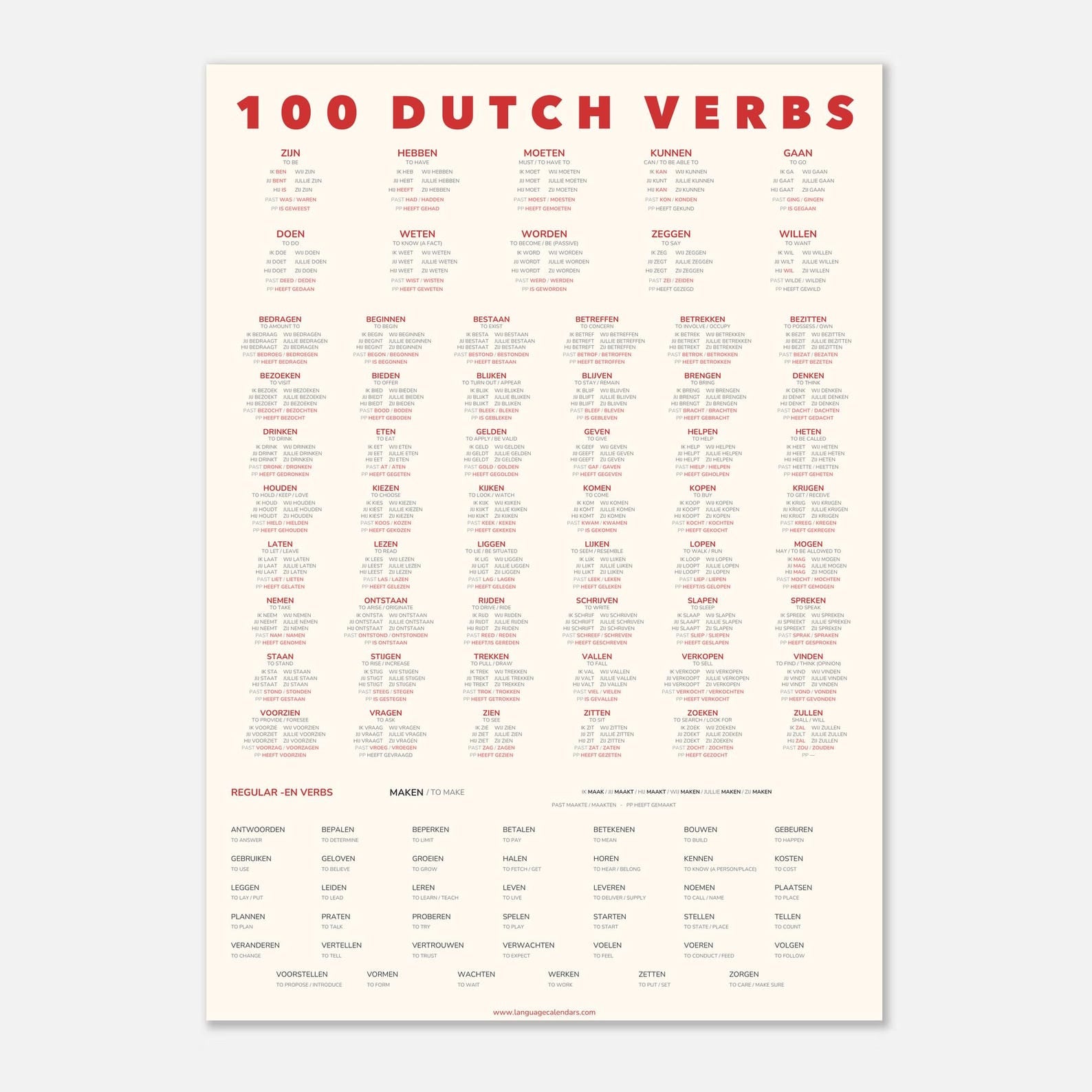100 Dutch Verbs | A2 Minimalist Language Poster