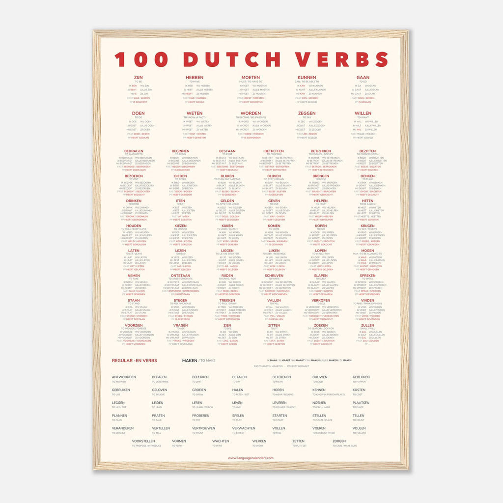 100 Dutch Verbs | A2 Minimalist Language Poster