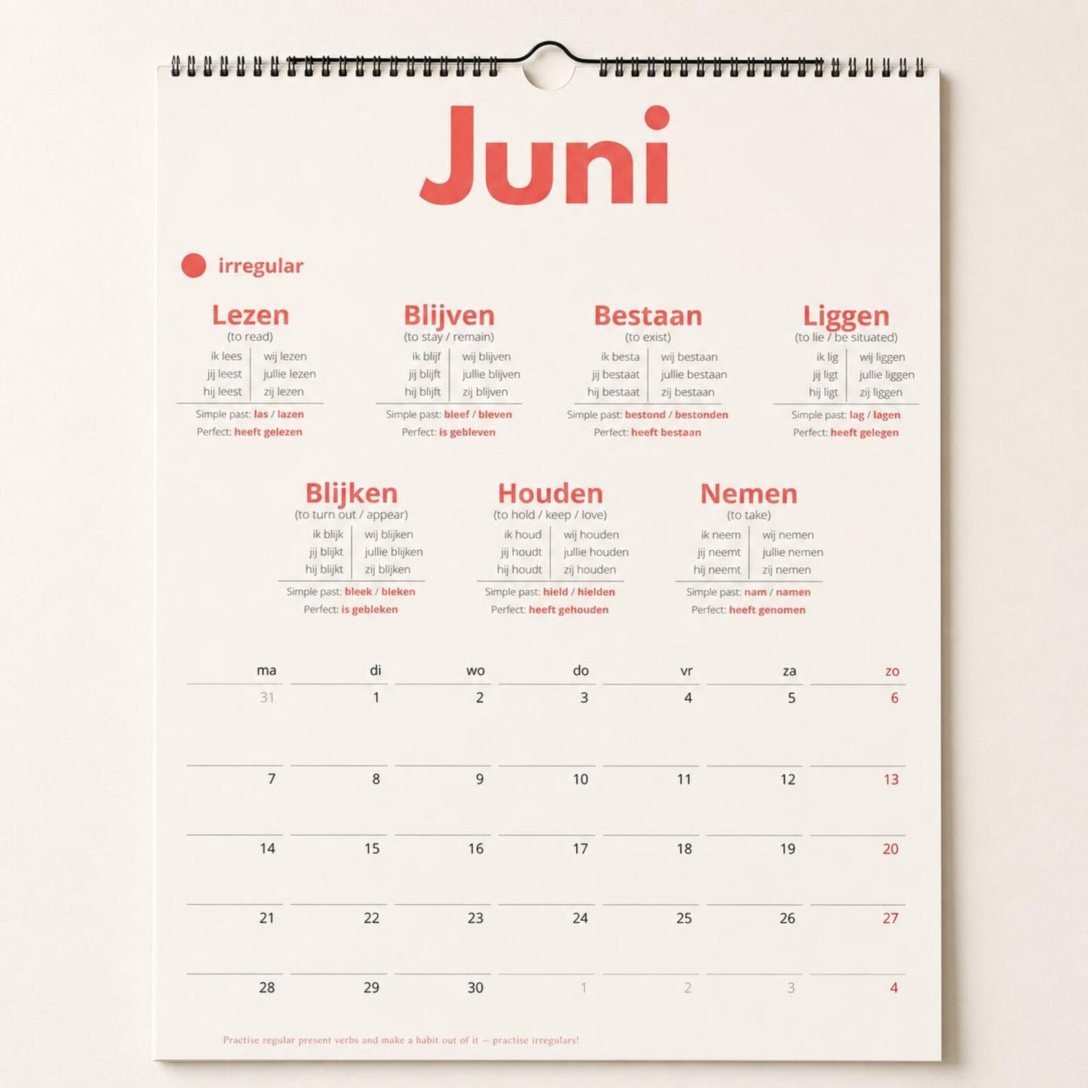 Dutch Verb Calendar 2027 – Learn Dutch, A3 Language Learning Wall Calendar