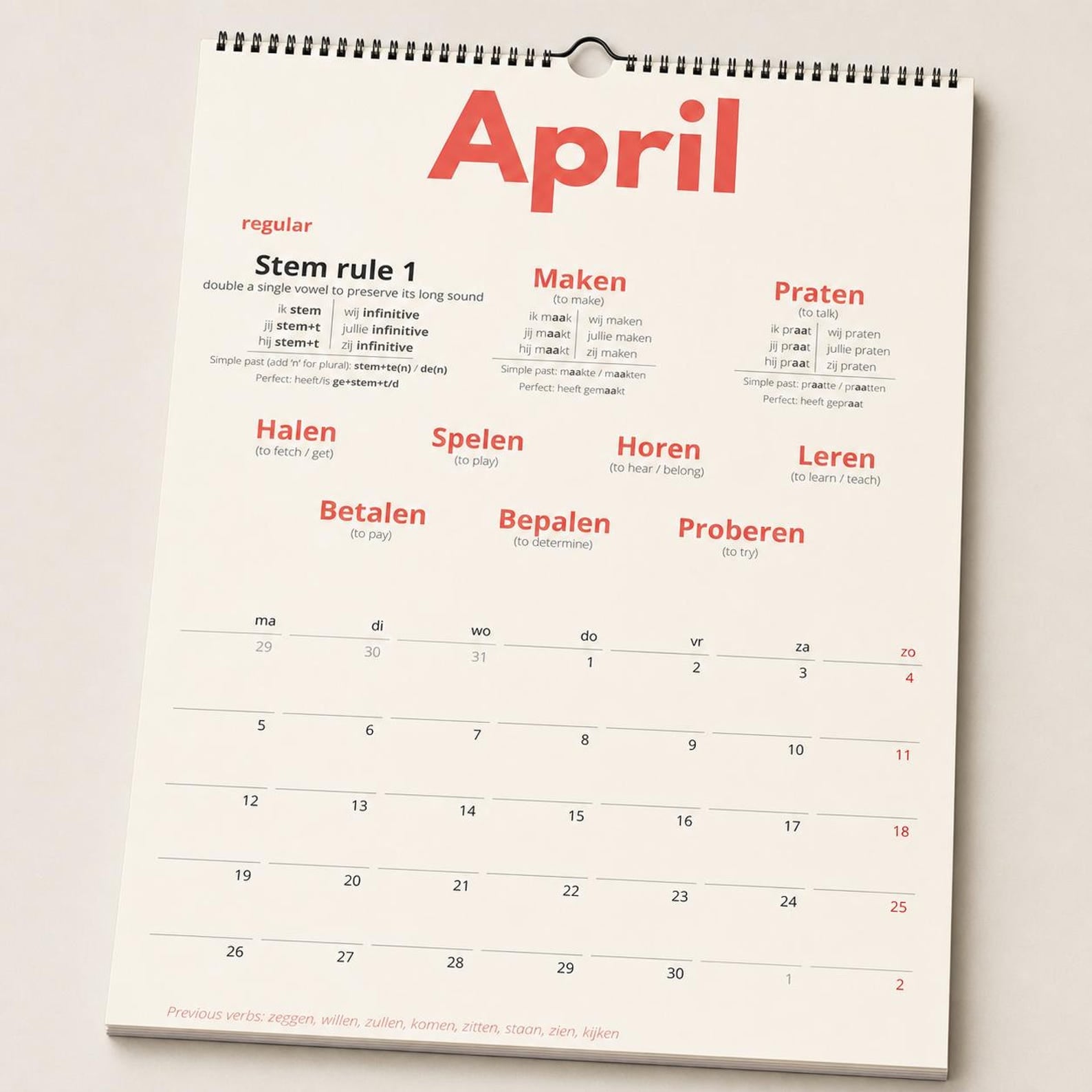 Dutch Verb Calendar 2027 – Learn Dutch, A3 Language Learning Wall Calendar