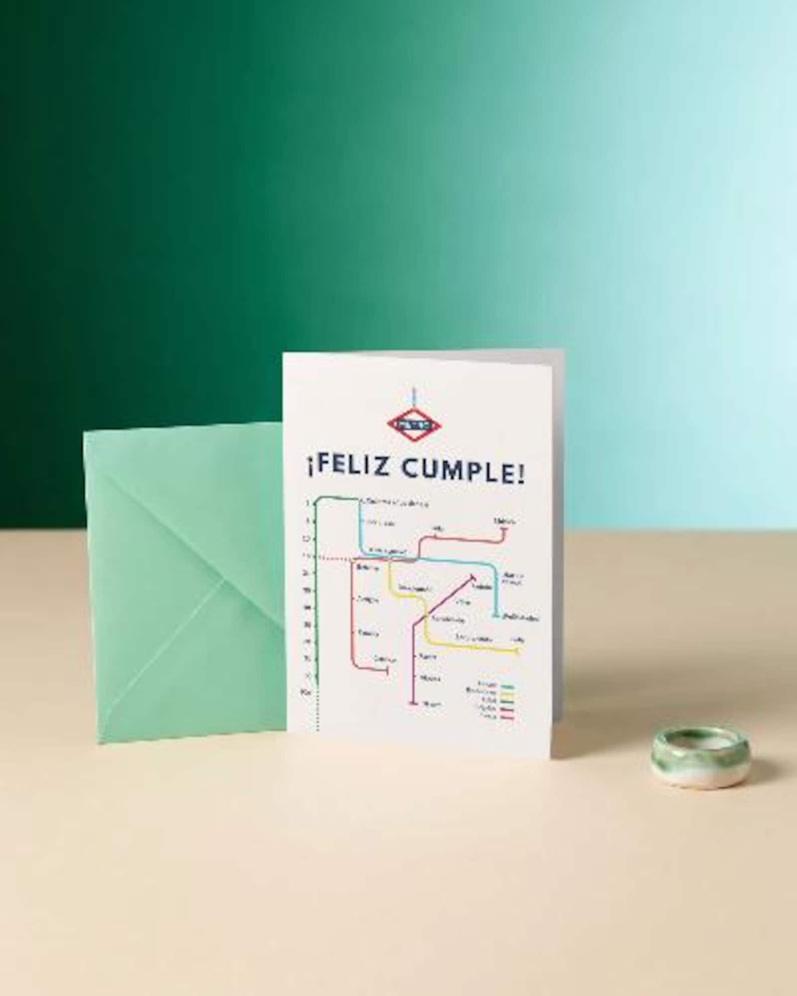 Spanish Birthday Card,  Metro ¡Feliz Cumple! Map Design, 5x7, Blank Inside