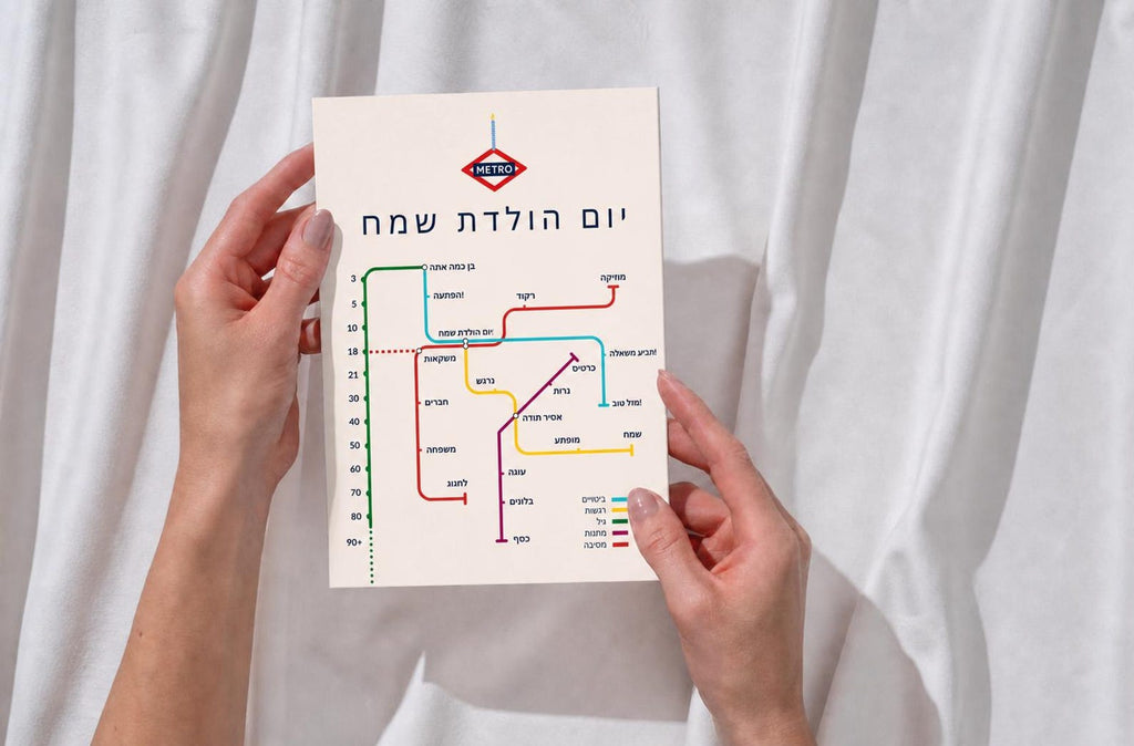 Hebrew Birthday Card, Metro יום הולדת שמח Map Design, 5x7, Blank Inside
