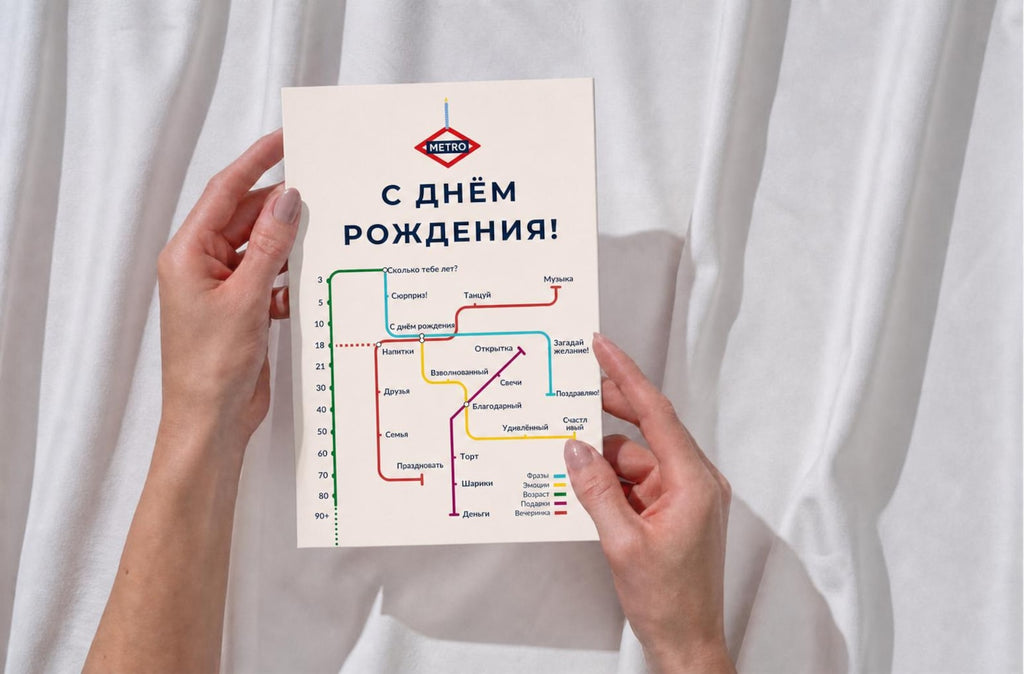 Russian Birthday Card, Metro С Днём Рождения Map Design, 5x7, Blank Inside