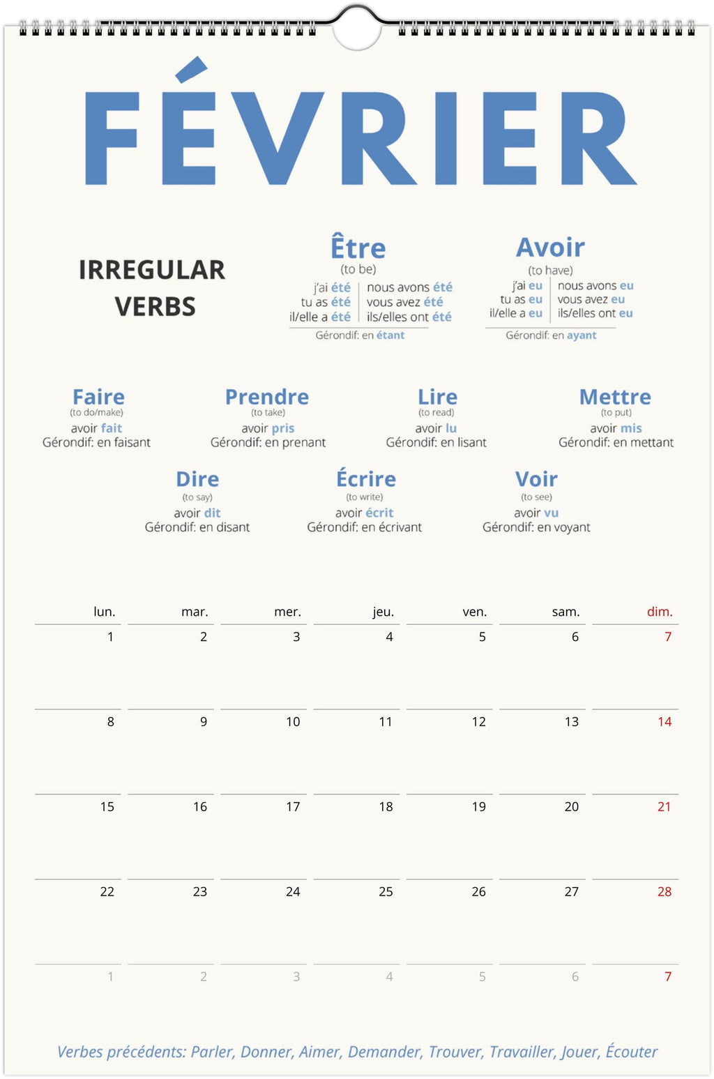 French Passé Composé Calendar
